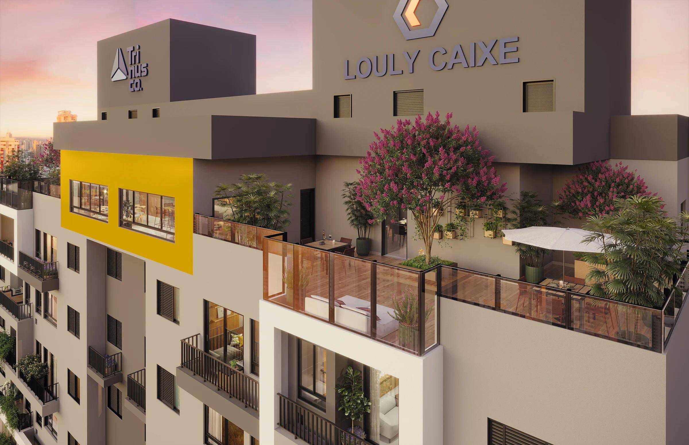 Perspectiva 3D dos pavimentos superiores e rooftop com terraço ajardinado