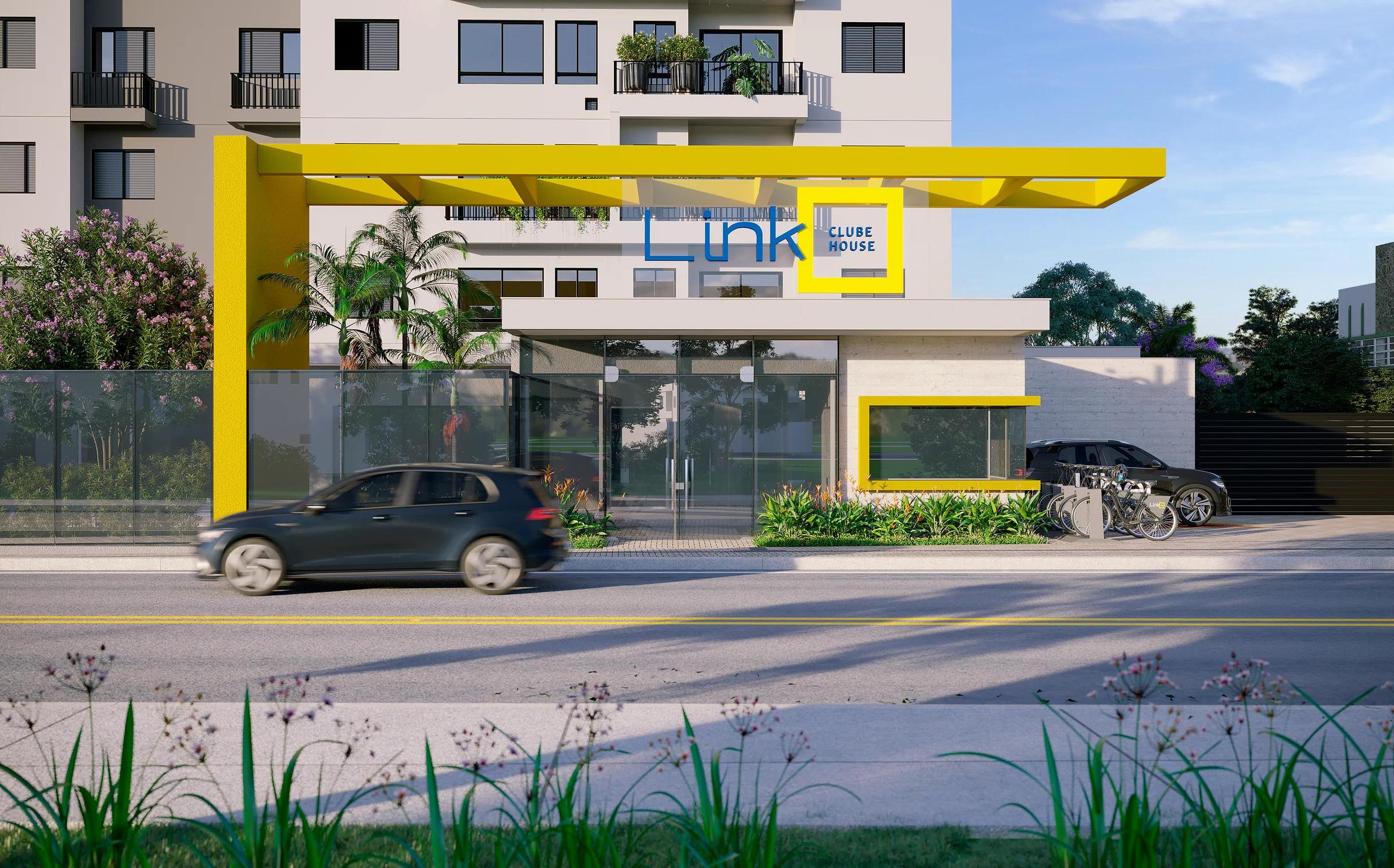 Perspectiva 3D da portaria de acesso com pórtico amarelo e guarita envidraçada