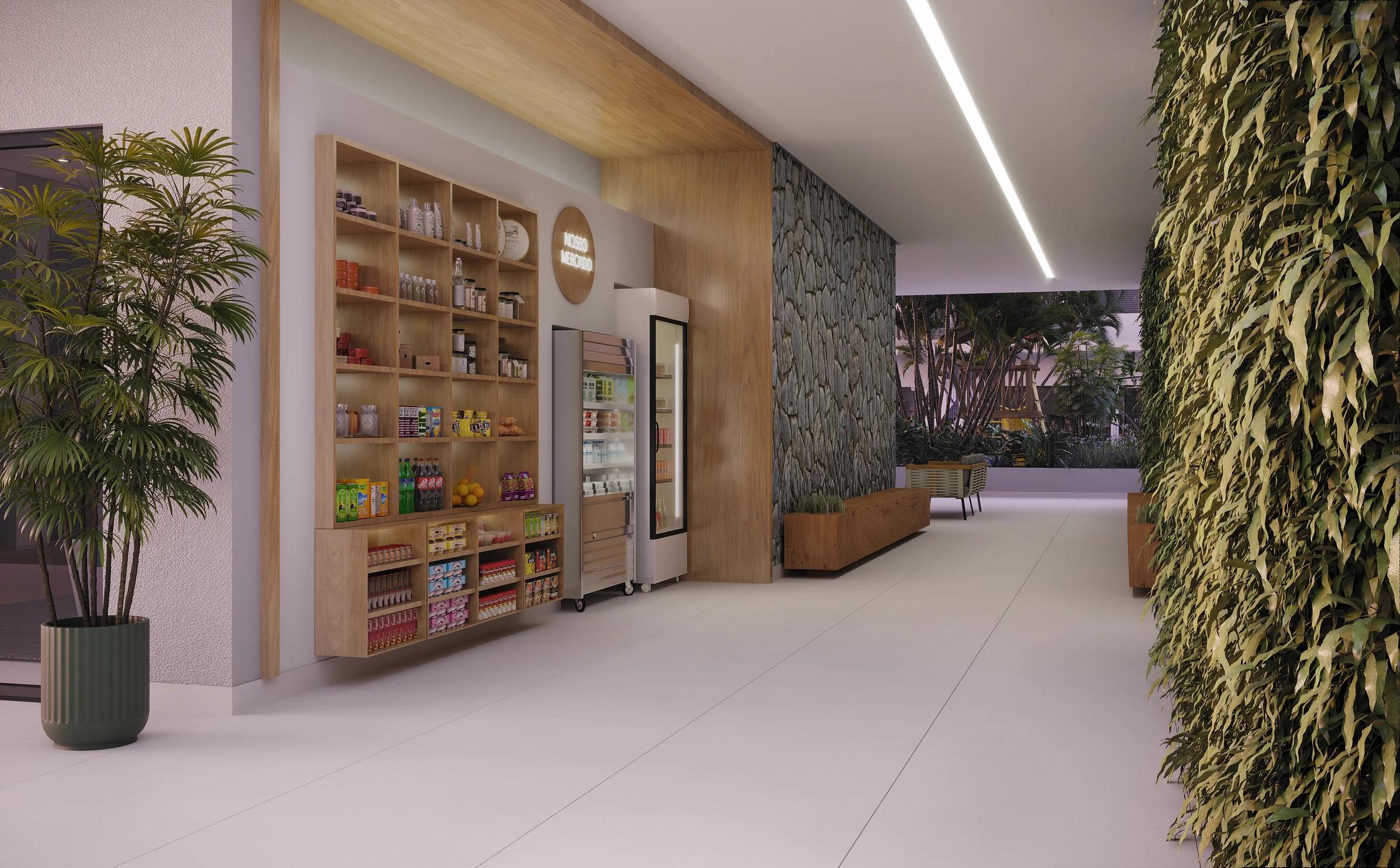 Perspectiva 3D do minimercado de conveniência autônomo com jardim vertical