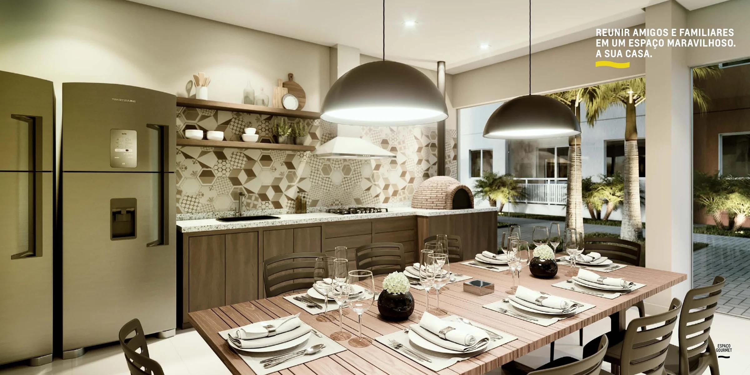 Espaço gourmet integrado com mesa de jantar, forno de pizza e bancada equipada