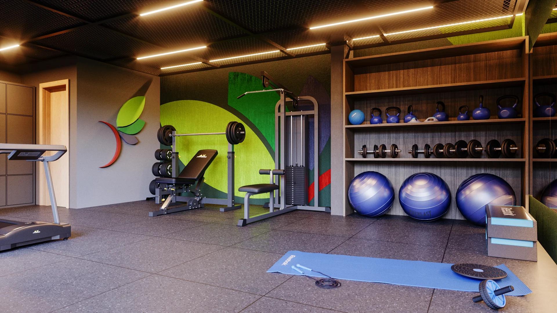 Academia equipada com esteiras, banco de supino, halteres e bolas de pilates