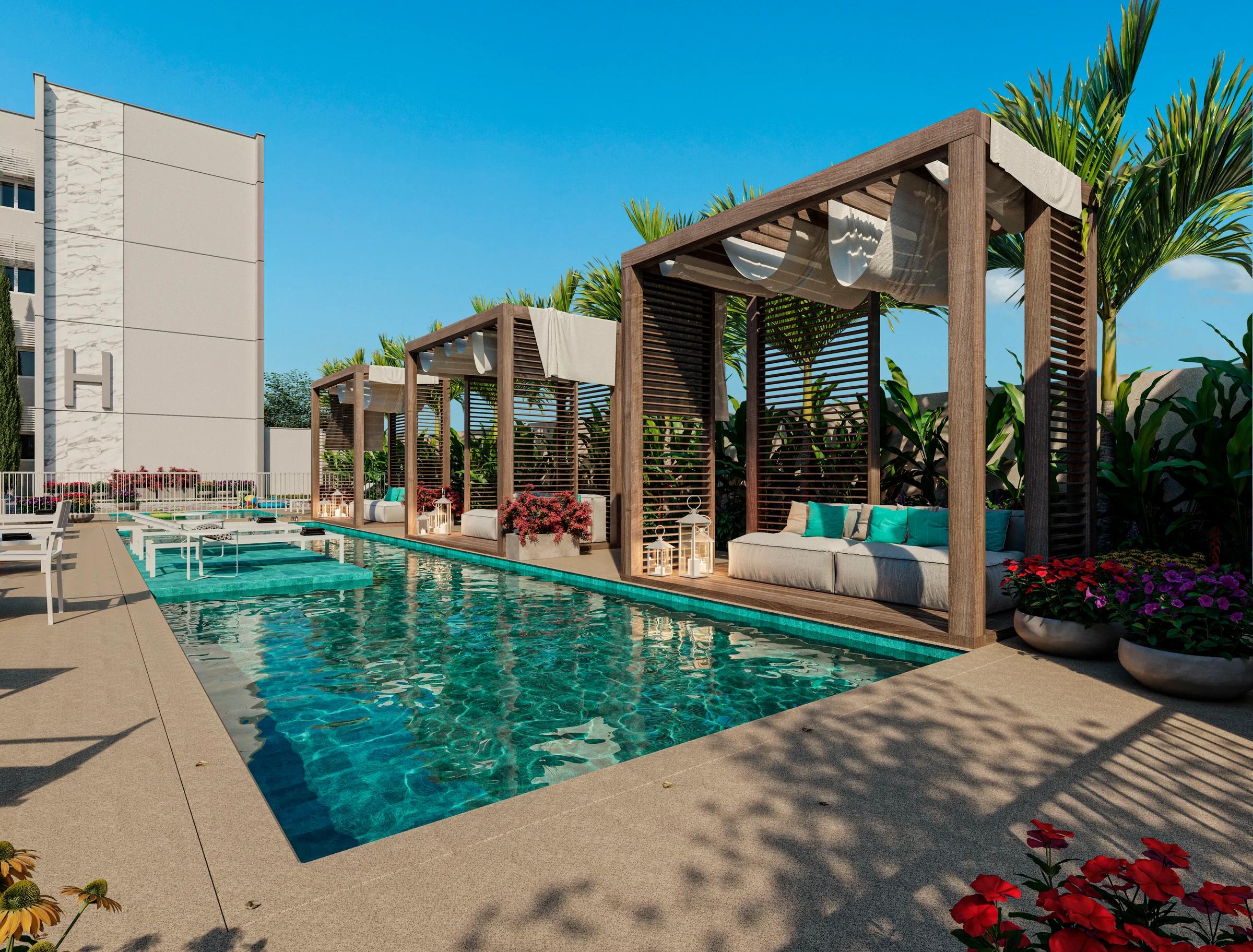 Piscina adulto com deck e pergolado de madeira