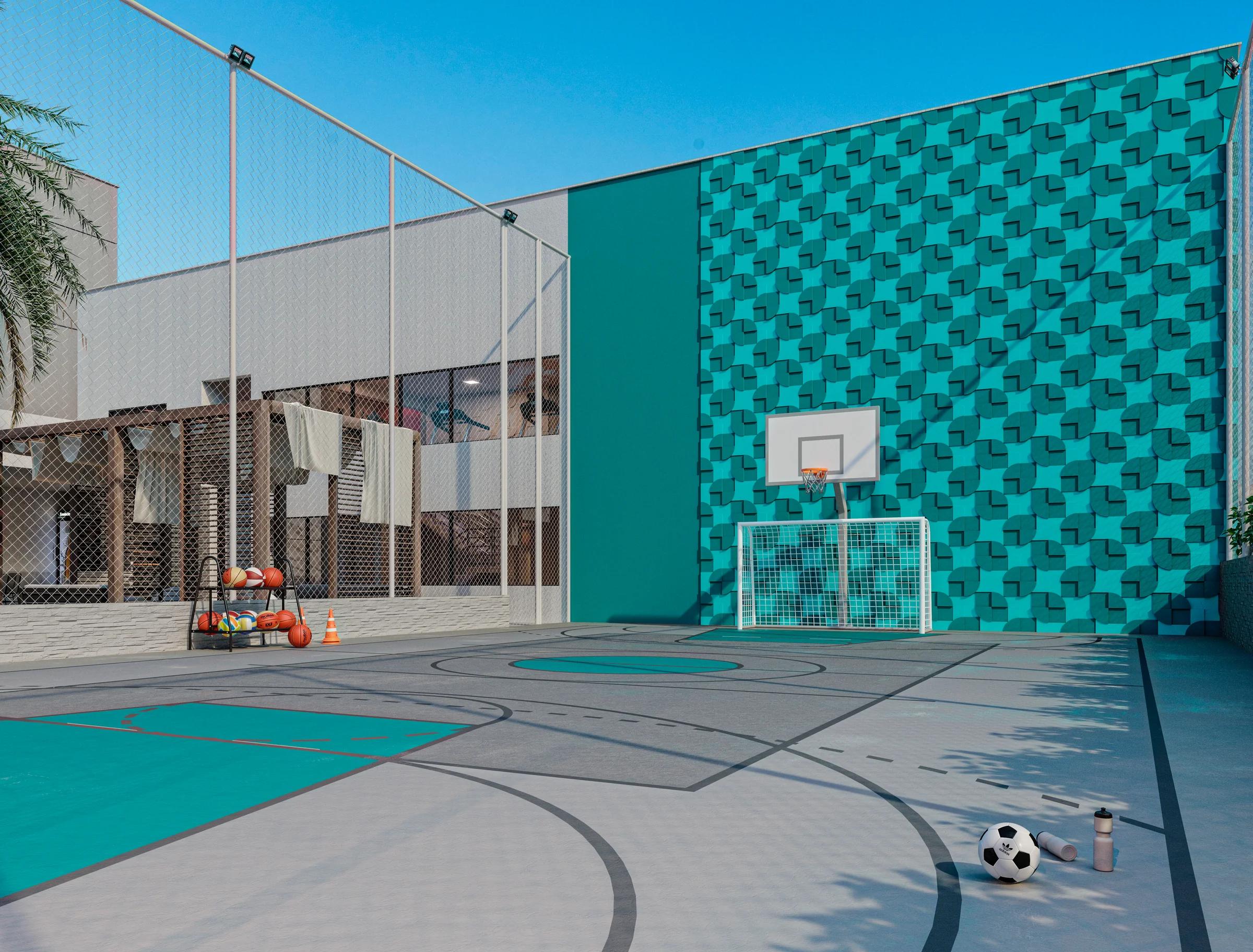 Quadra poliesportiva com tabela de basquete e trave