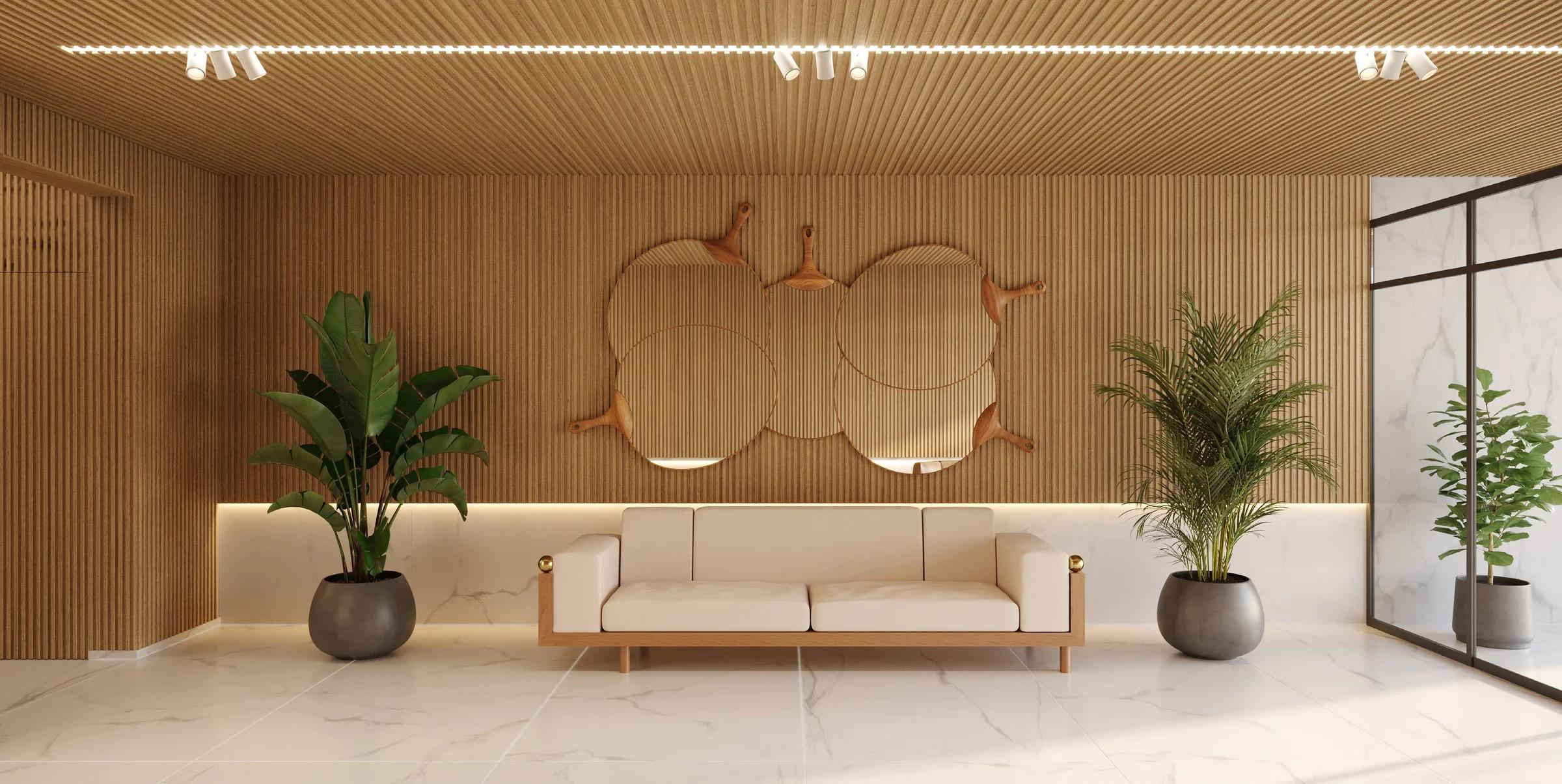 Opus Geo Home 136 - hall social com sofás e painel de madeira