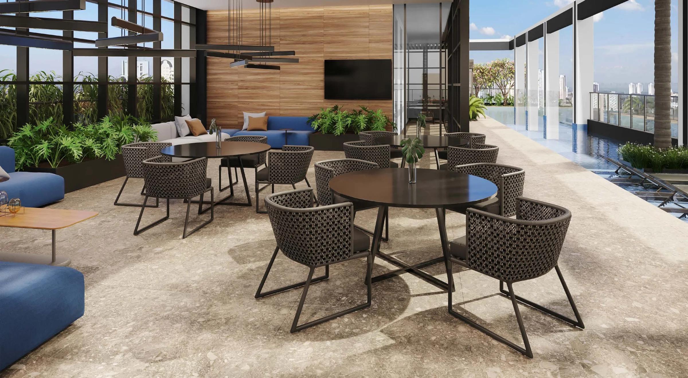 Opus Gyro Rooftop - rooftop com piscina, mesas e poltronas