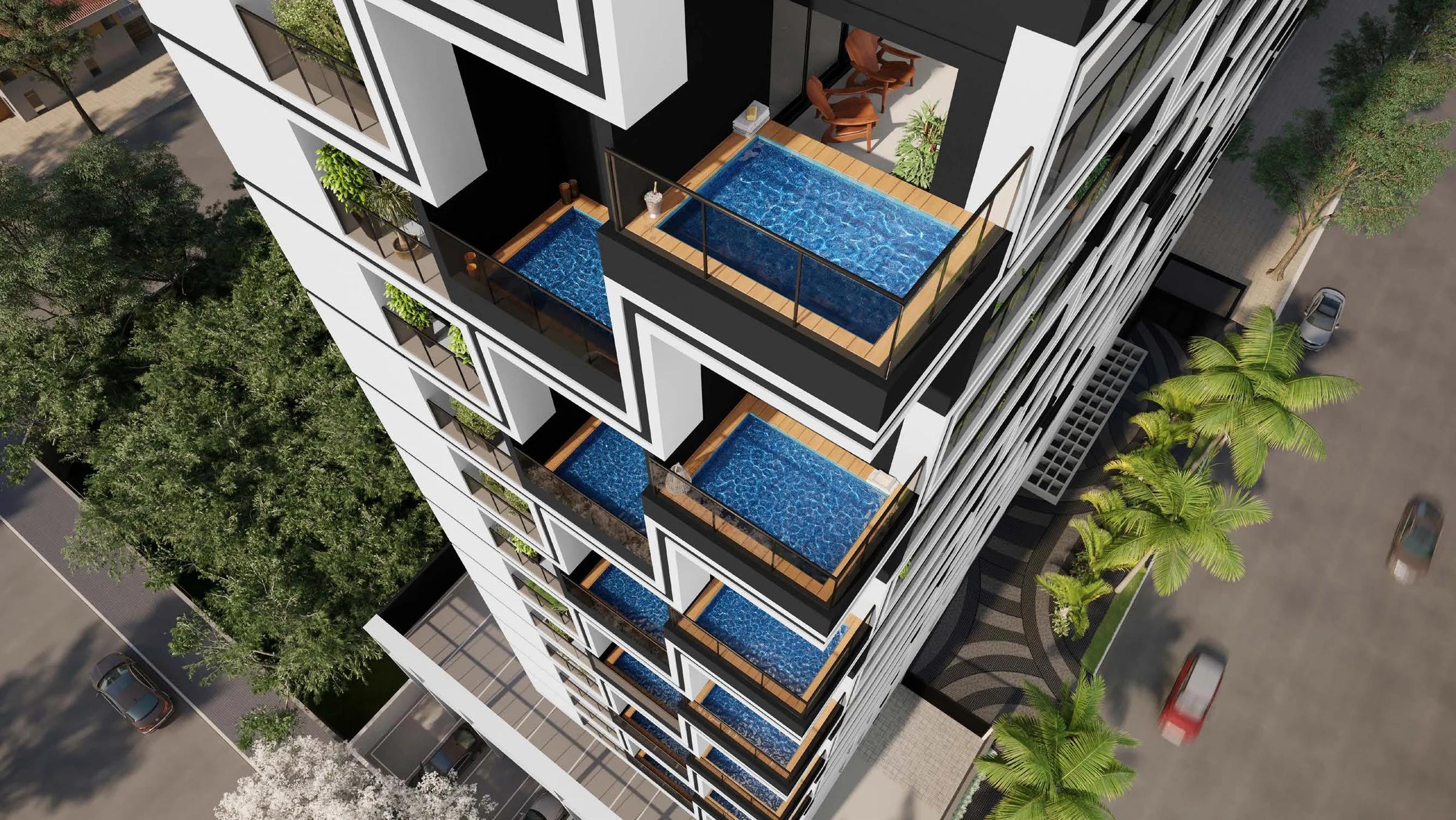 Opus Gyro Rooftop - fachada vista aérea do prédio com piscinas nos terraços