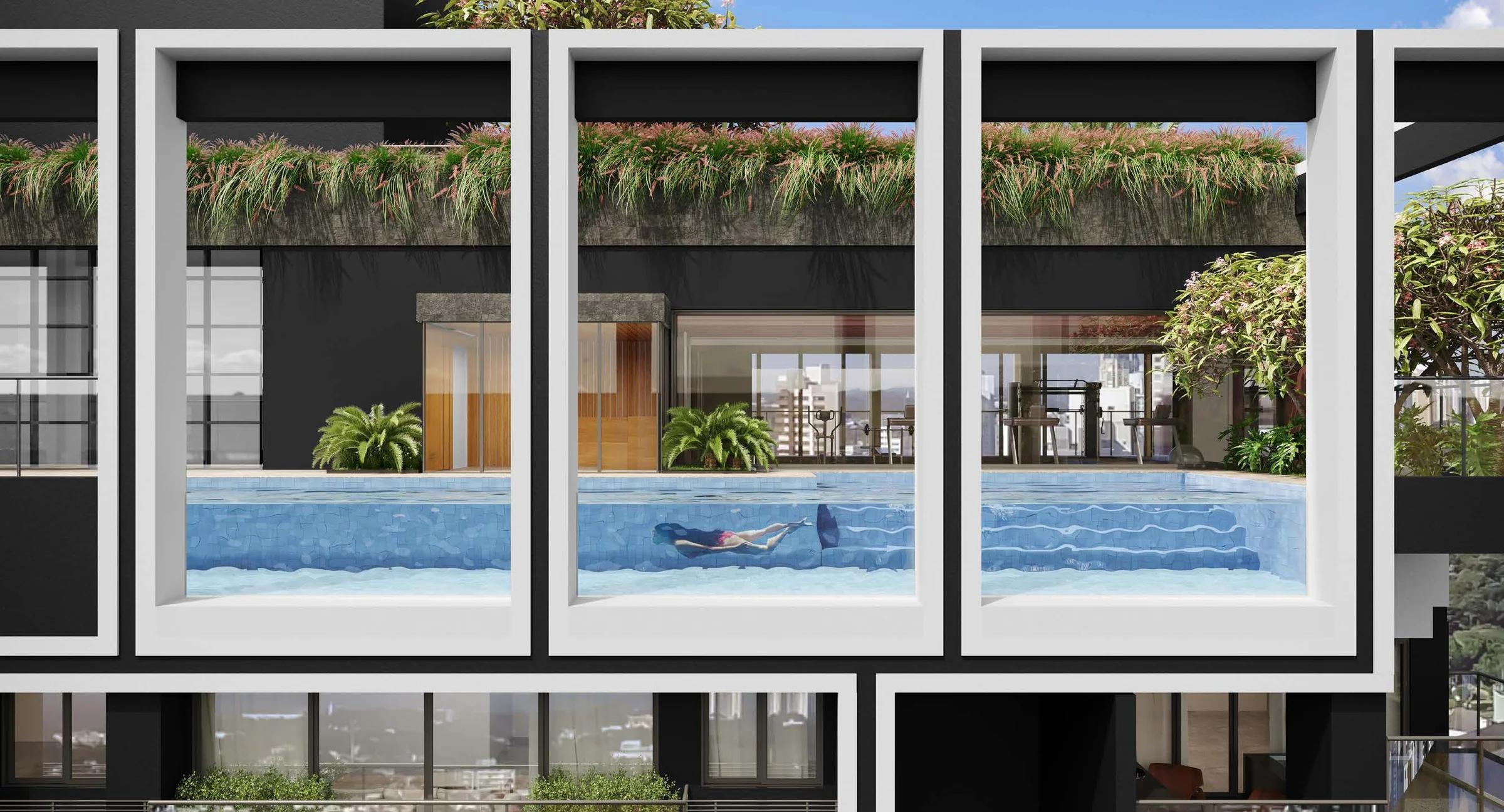 Opus Gyro Rooftop - fachada com caixas de piscina e áreas verdes