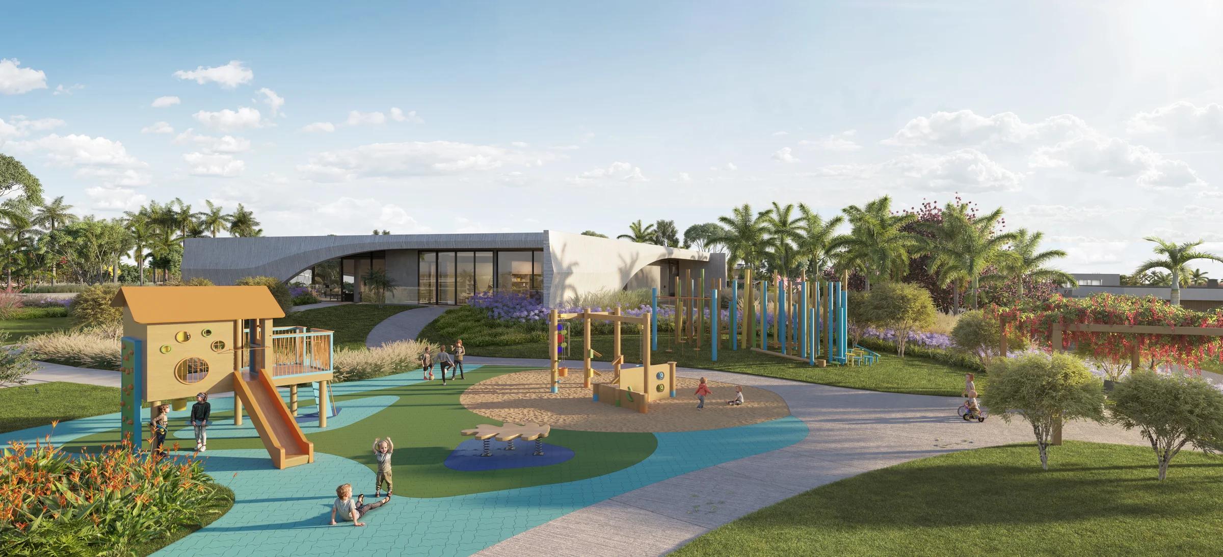 Perspectiva do playground com brinquedos e piso colorido