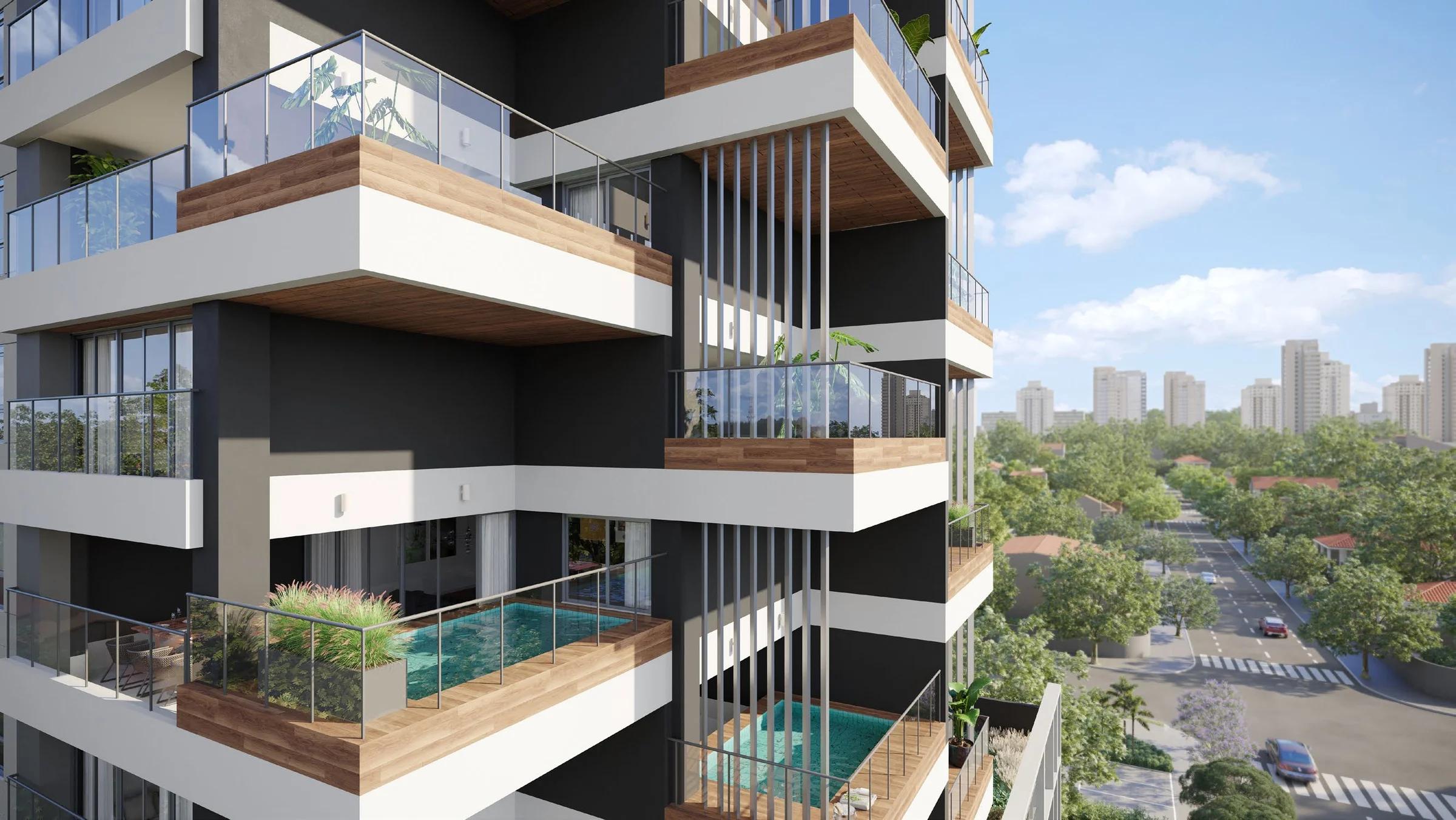 Penthouses 146 - fachada com varandas e piscinas, vista da rua