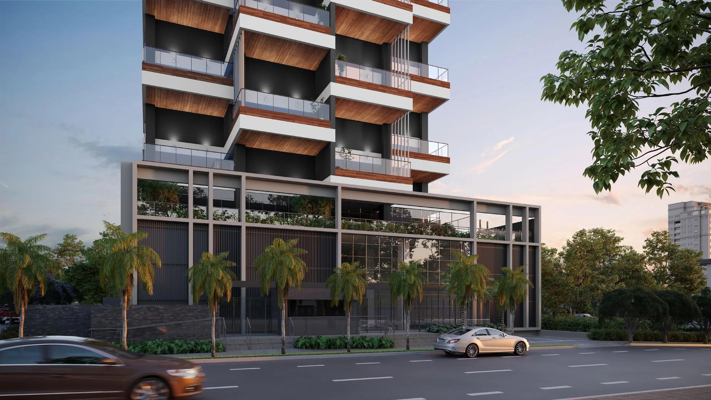 Penthouses 146 - fachada inteira em render, nivel da rua, fim de tarde
