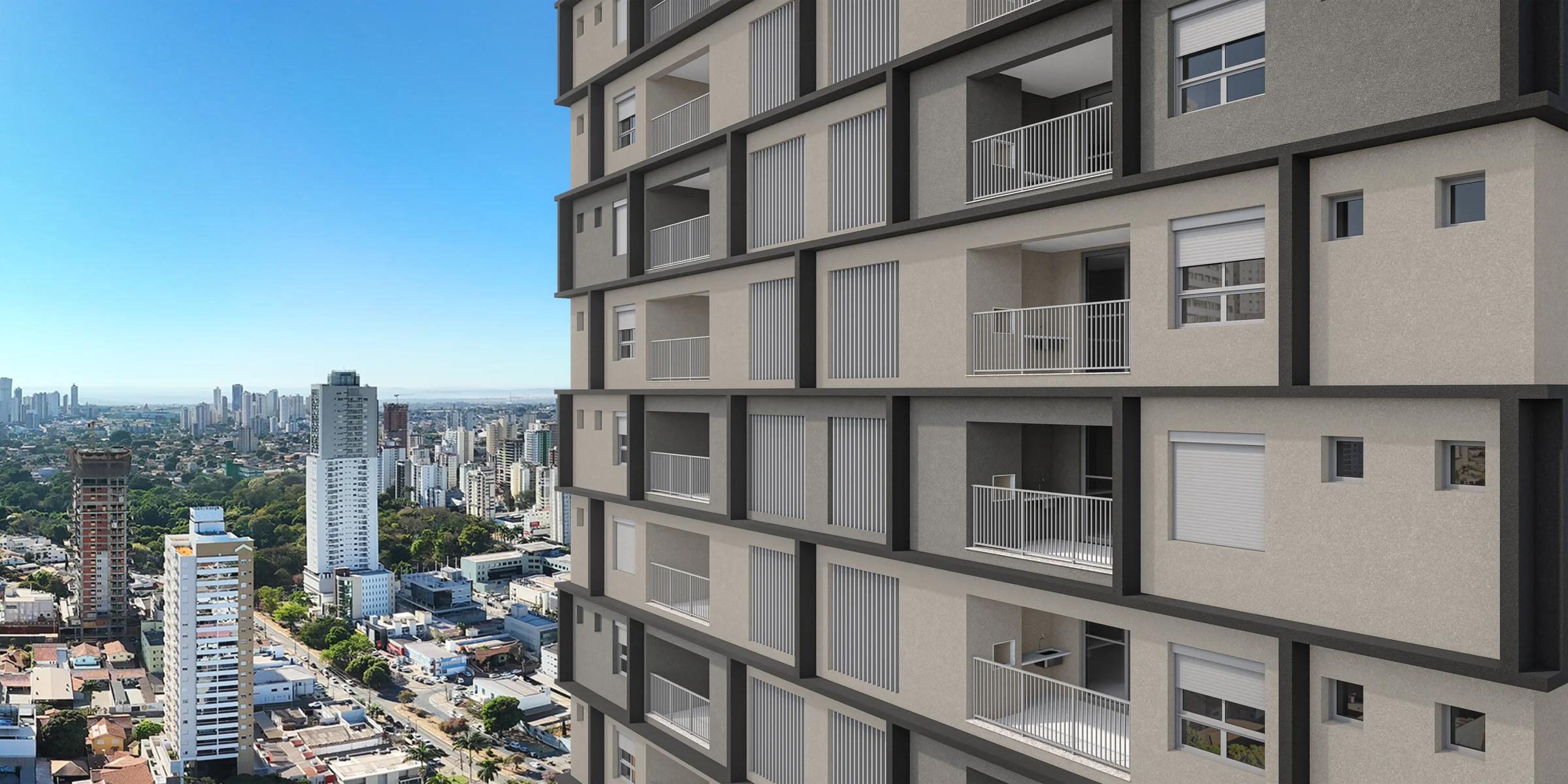 Detalhe da fachada em perspectiva com varandas e janelas dos apartamentos
