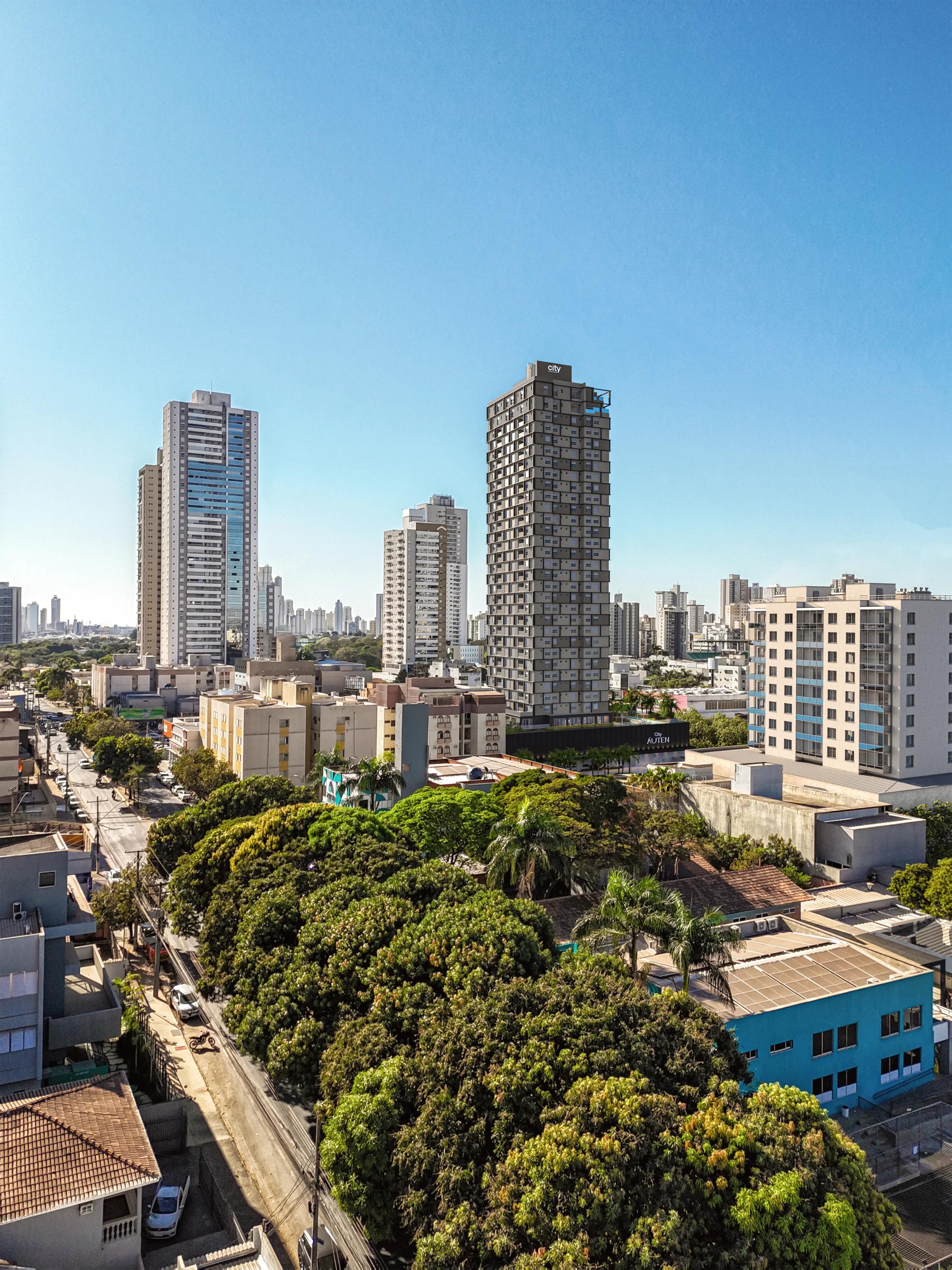 Vista aérea aproximada com copa de árvores em primeiro plano e torre ao fundo