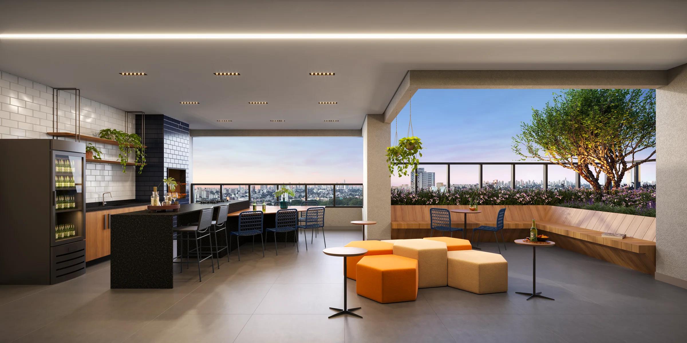 Perspectiva de lounge com vista para a cidade