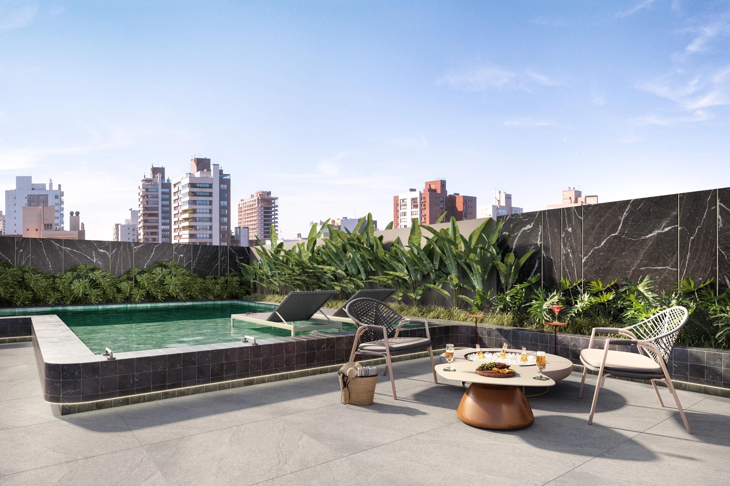 Deck da piscina com área de estar, mesa de apoio e poltronas ao ar livre