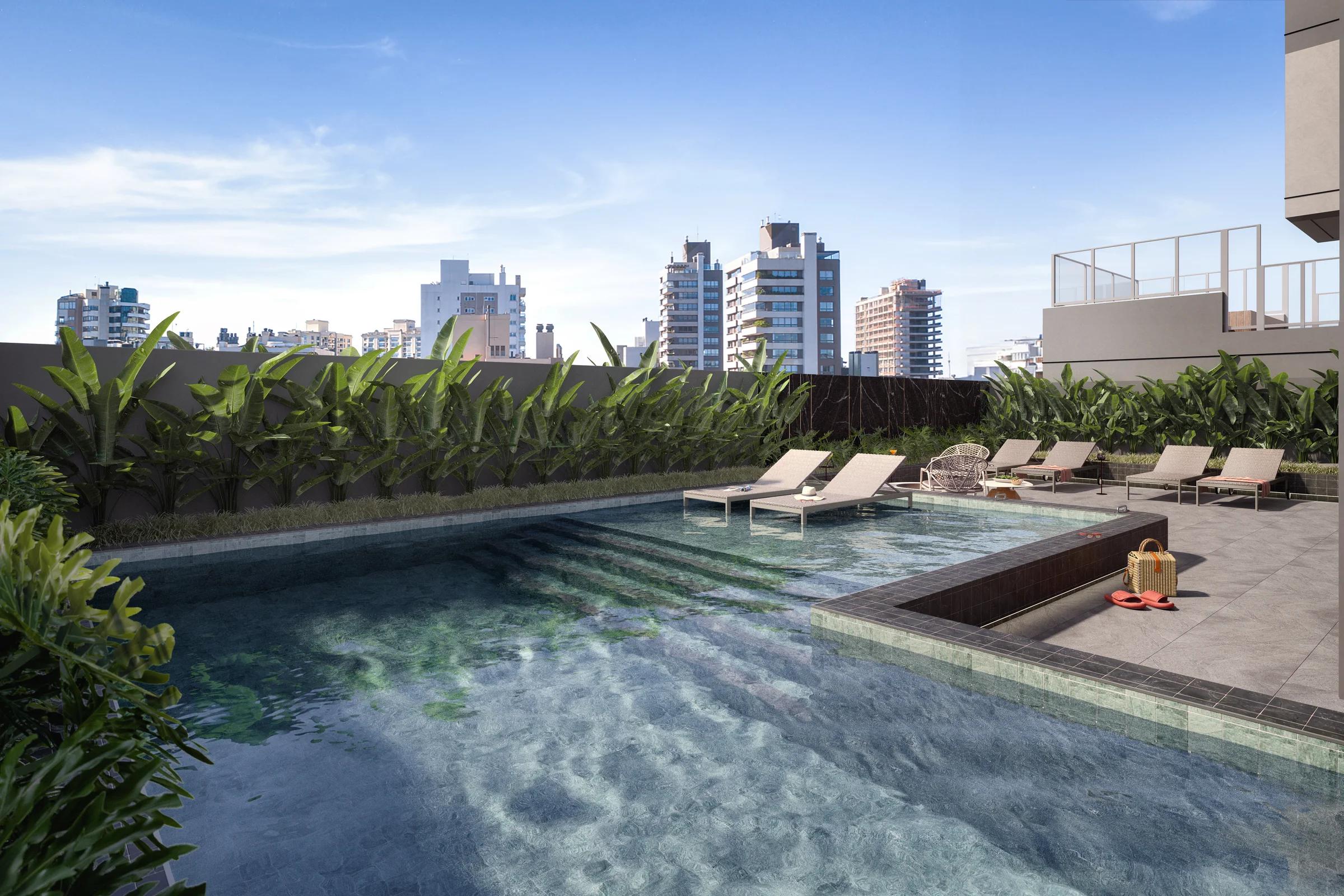 Piscina com deck molhado, prainha e espreguiçadeiras dentro d'água