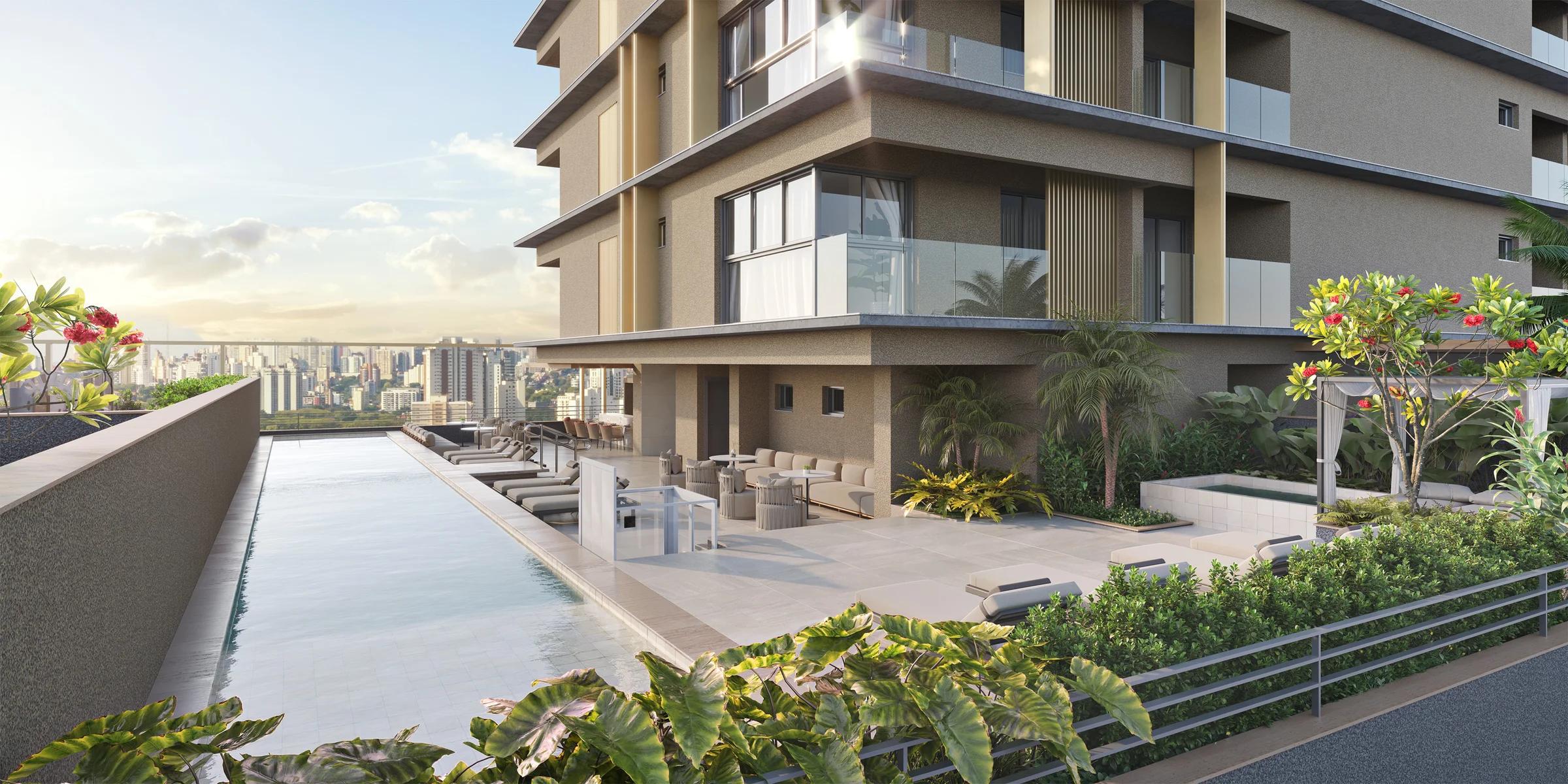 Piscina adulto da Torre Verso com raia, deck molhado, espreguiçadeiras e vista da cidade