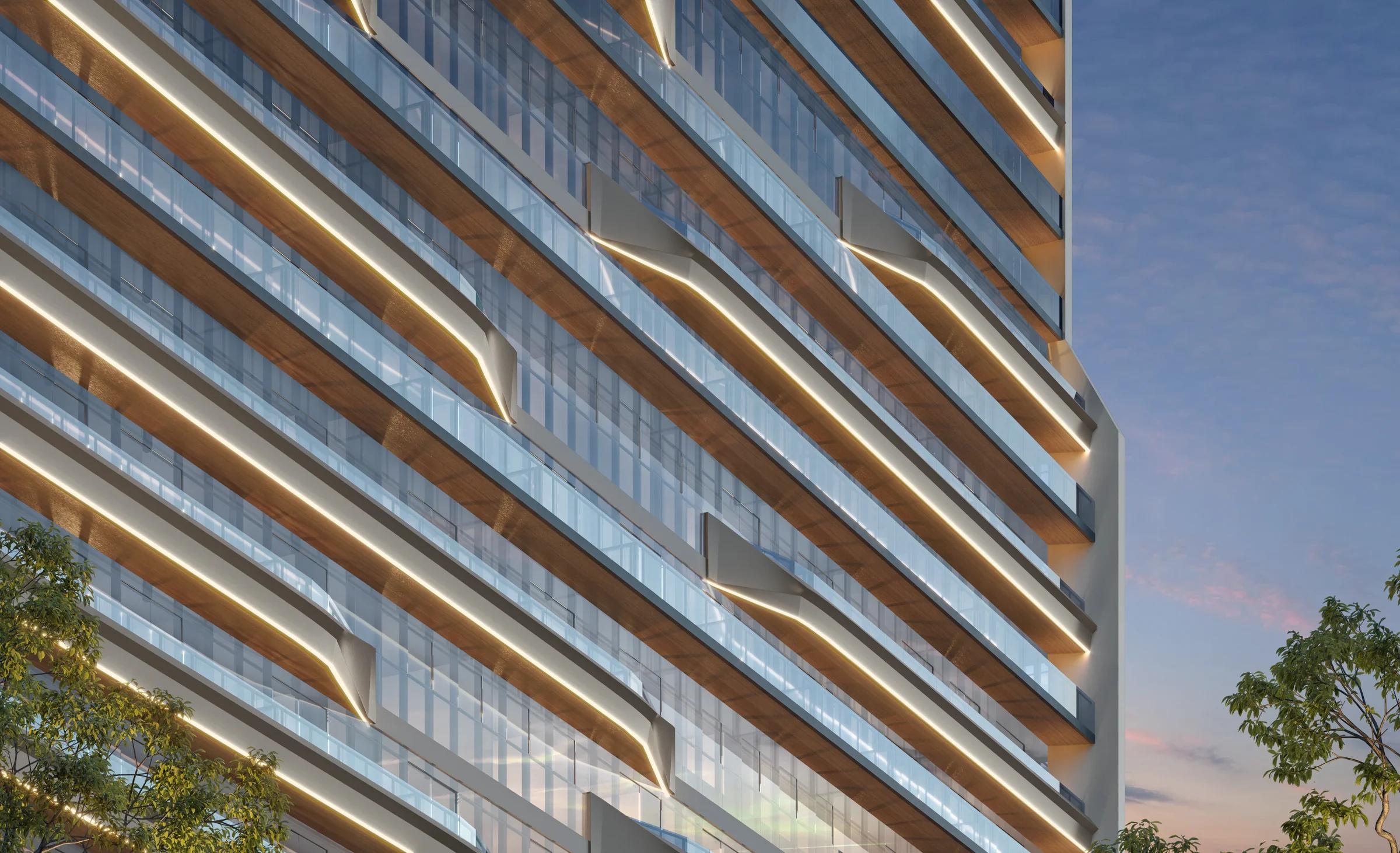 Detalhe aproximado dos terraços e iluminação linear embutida na fachada
