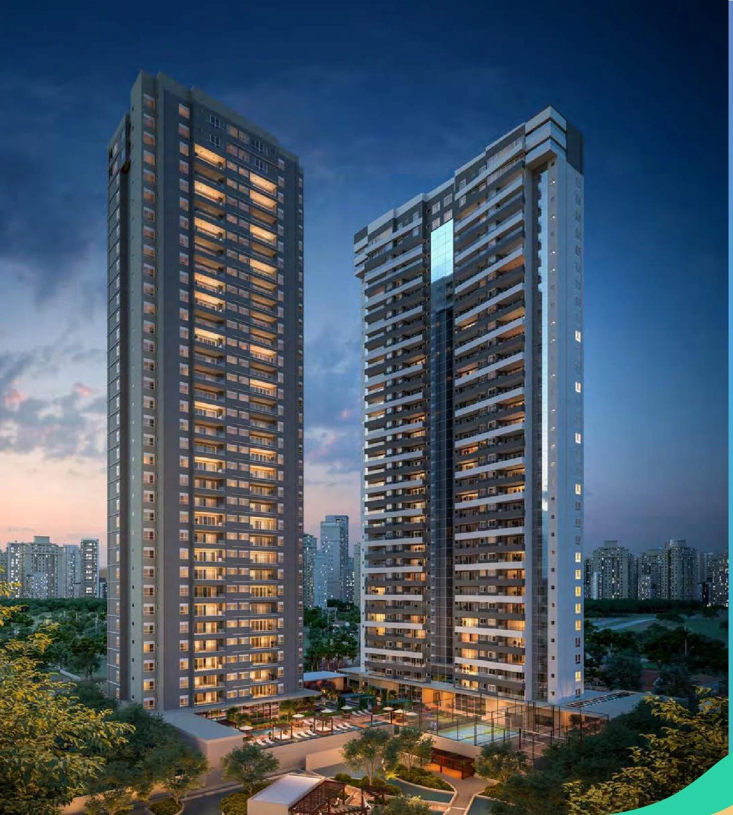 Perspectiva das torres residenciais com área de lazer ao entardecer