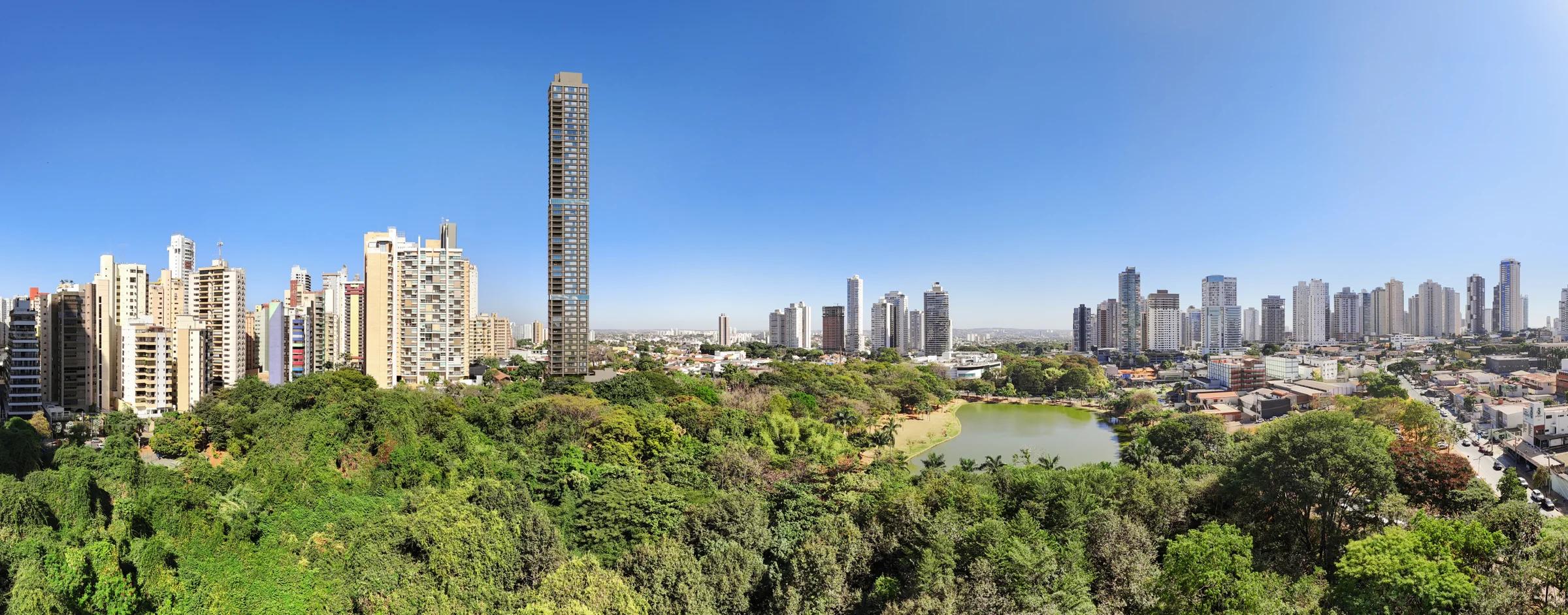 Fotomontagem panorâmica do edifício integrado ao skyline e ao parque Vaca Brava