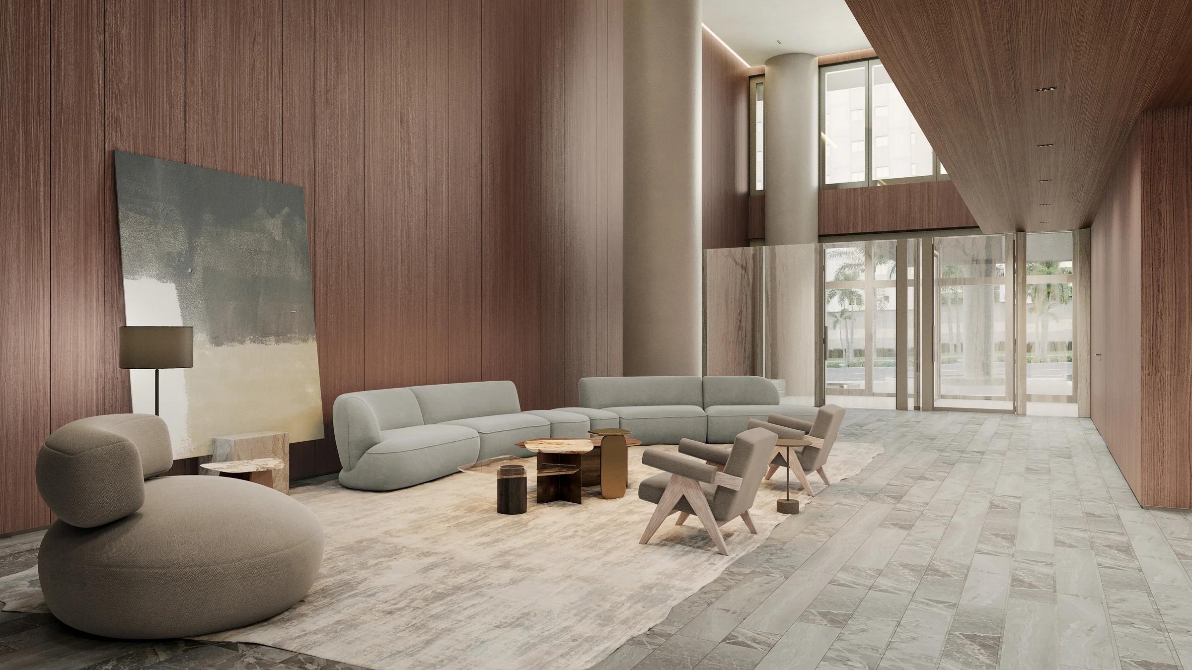 Lobby de entrada com pé-direito duplo, painéis de madeira e lounge decorado