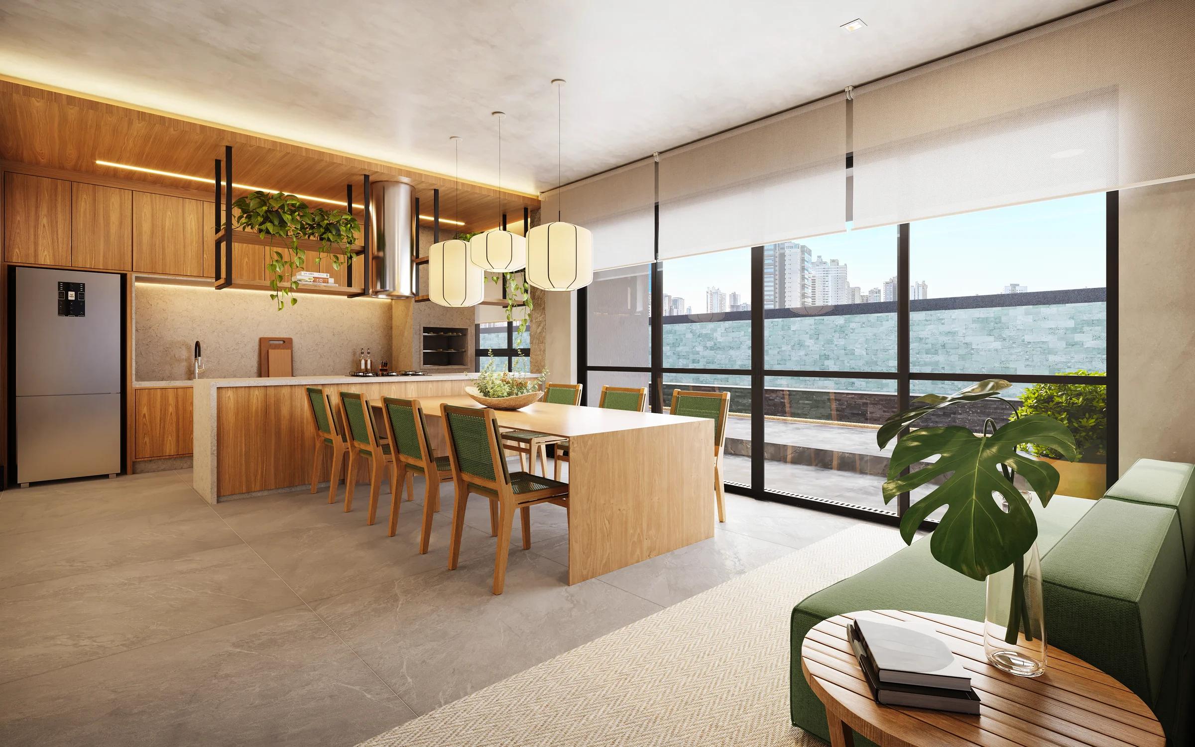 Espaço gourmet integrado com mesa de jantar em madeira e vista para área externa com piscina