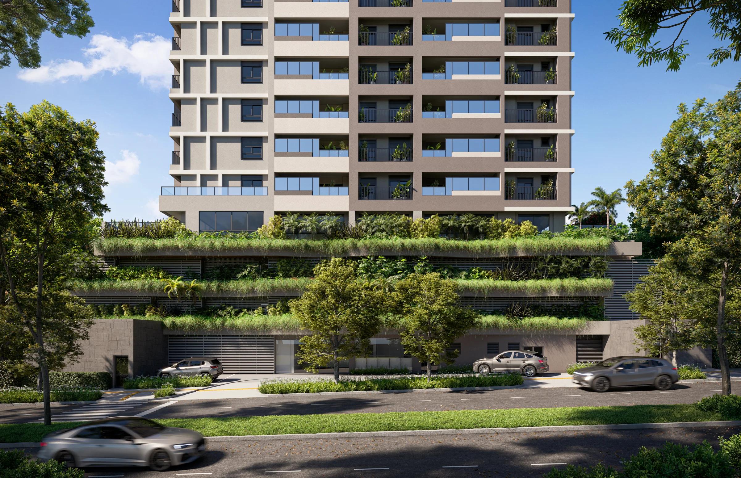 Fachada do embasamento do edifício com jardins verticais e portaria ao nível da rua