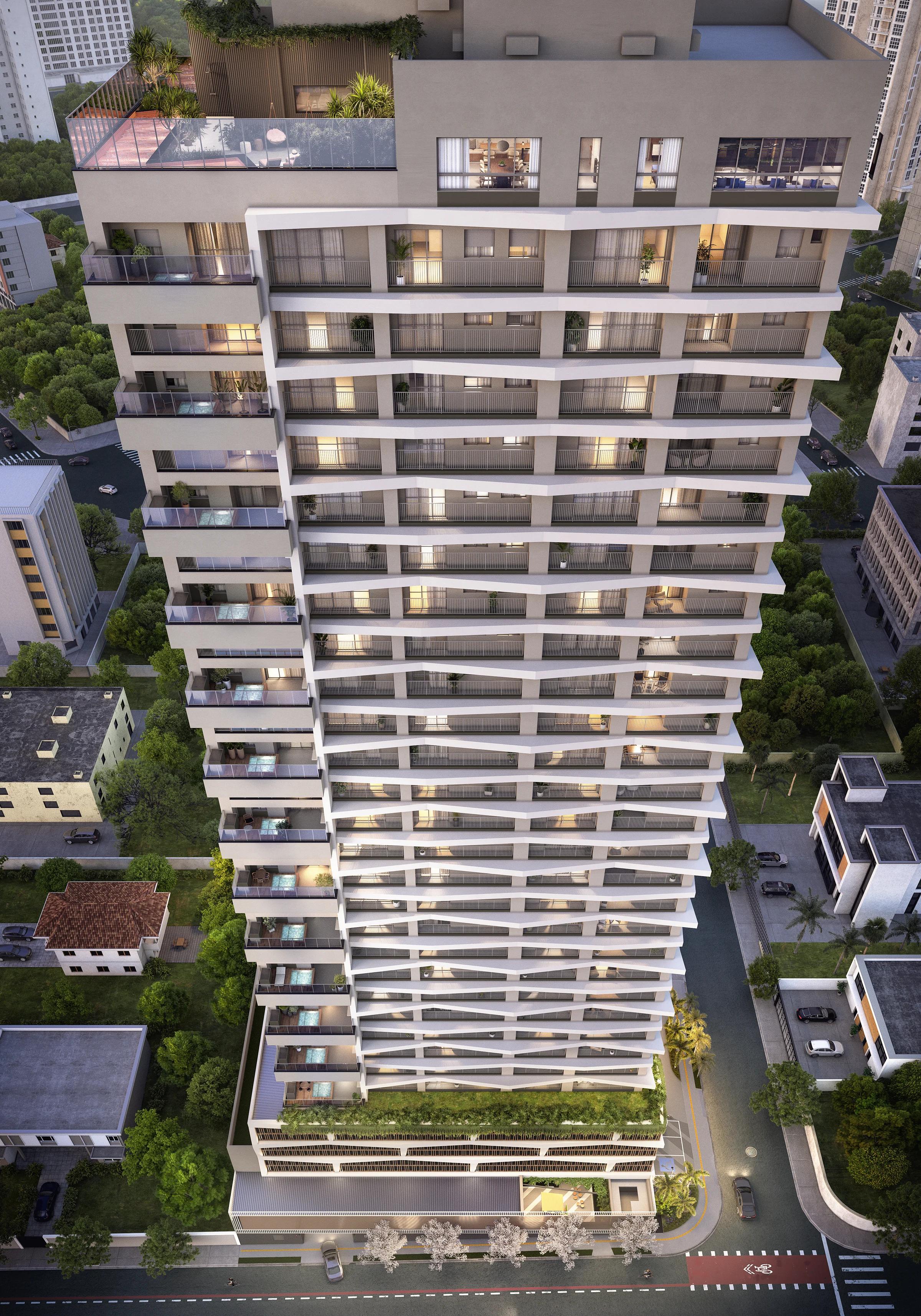 Fachada frontal do edifício residencial com varandas geométricas e iluminação integrada