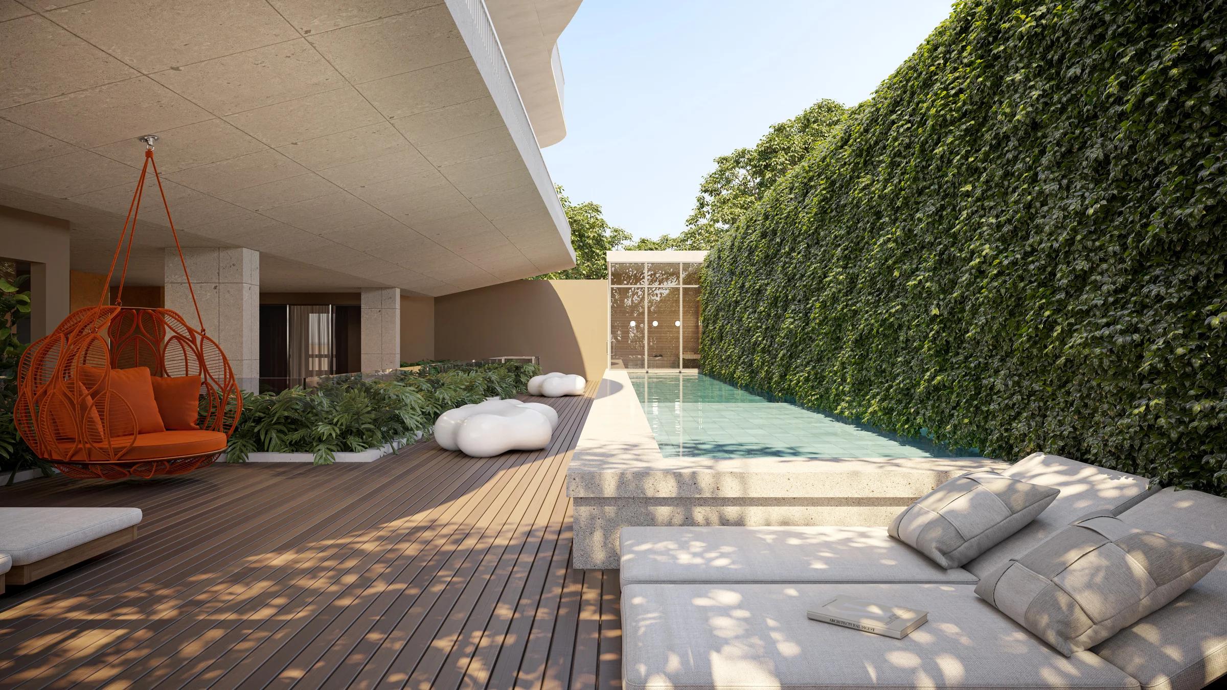 Piscina com raia, deck de madeira, espreguiçadeiras e jardim vertical