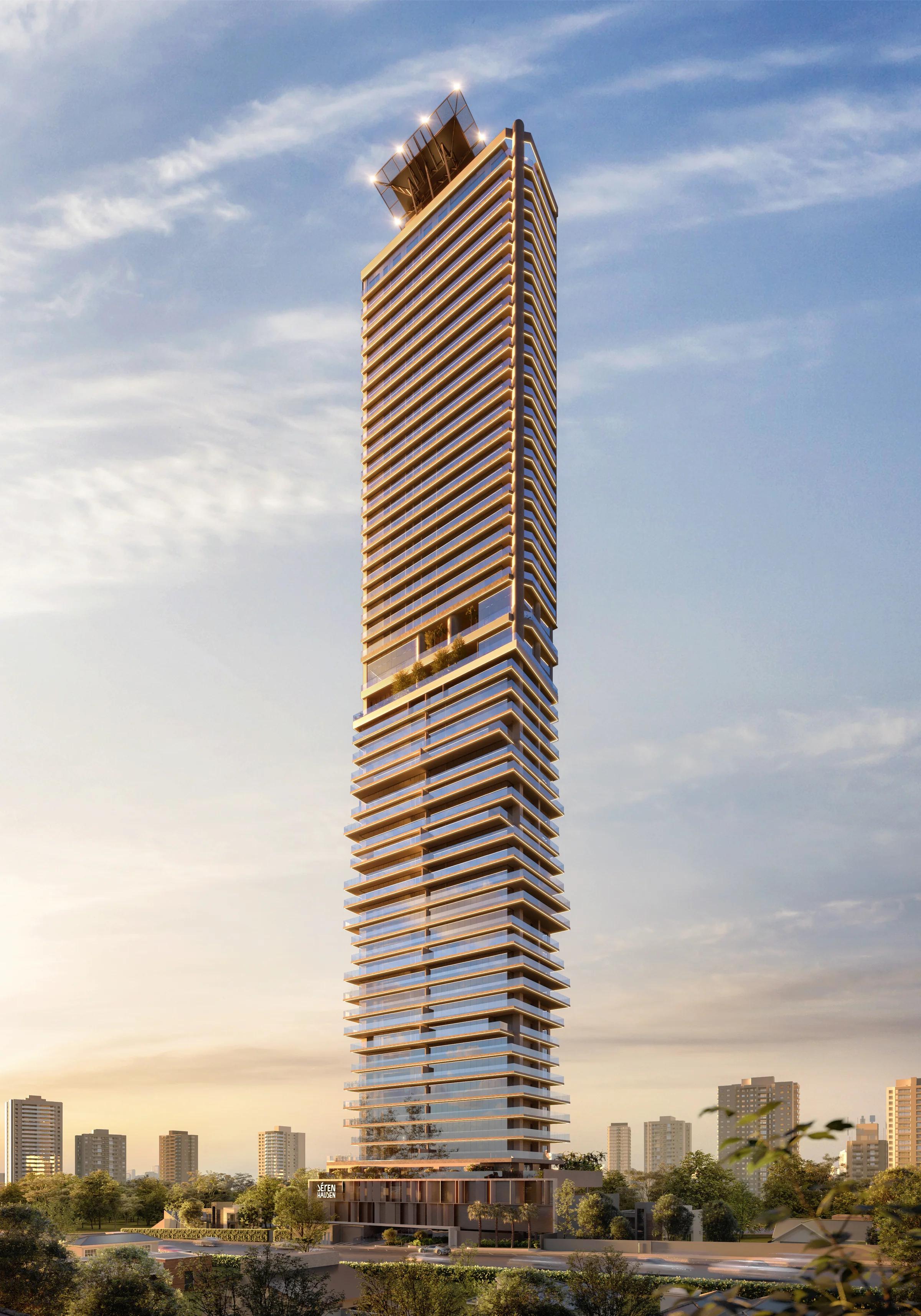 Fachada completa do edifício Séren Hausen em perspectiva vertical diurna ao entardecer