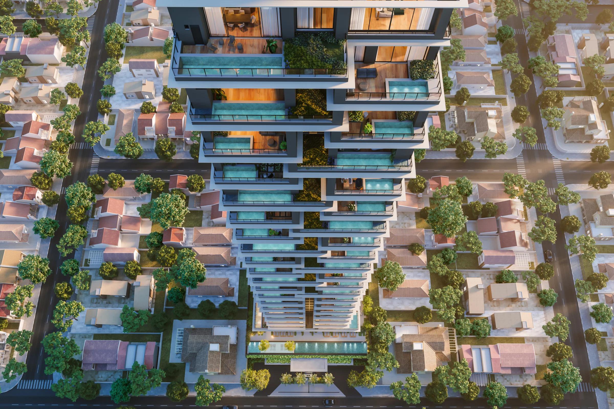 Vista aérea superior da fachada destacando as piscinas privativas nas varandas dos apartamentos