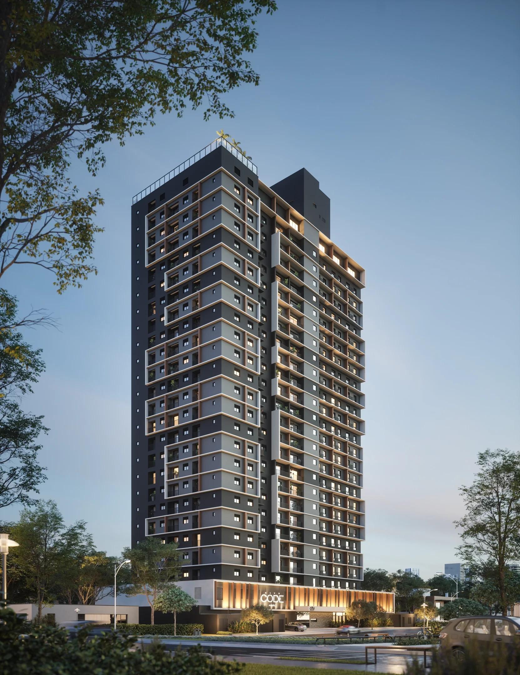 Fachada completa da torre residencial em ângulo vertical