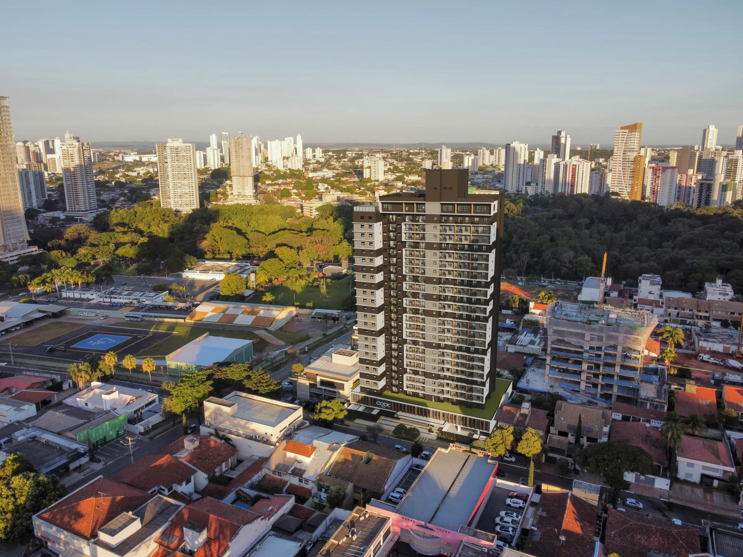 Fotomontagem aérea do edifício integrado ao bairro e parque