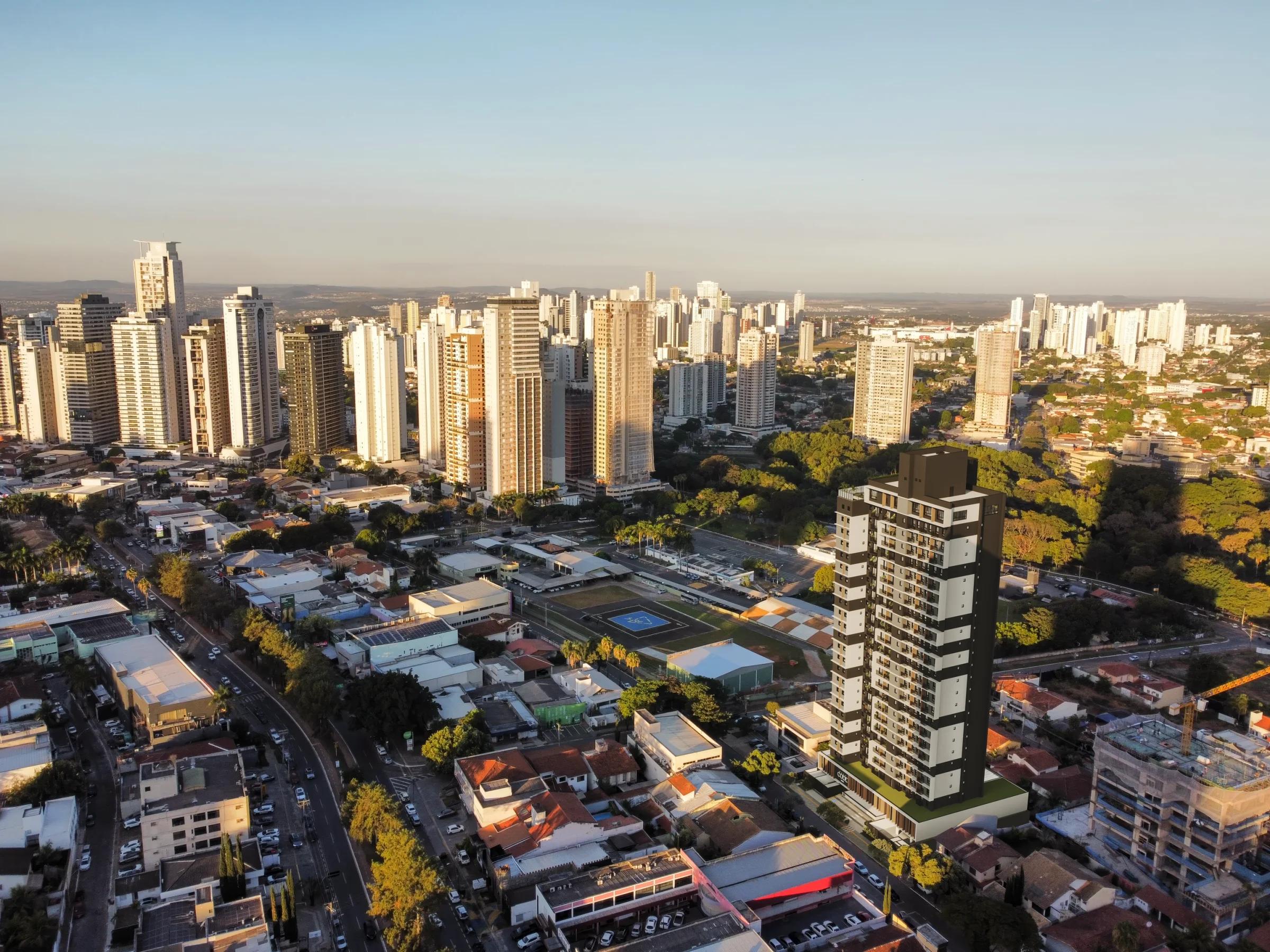 Vista aérea ampla da inserção do empreendimento na malha urbana