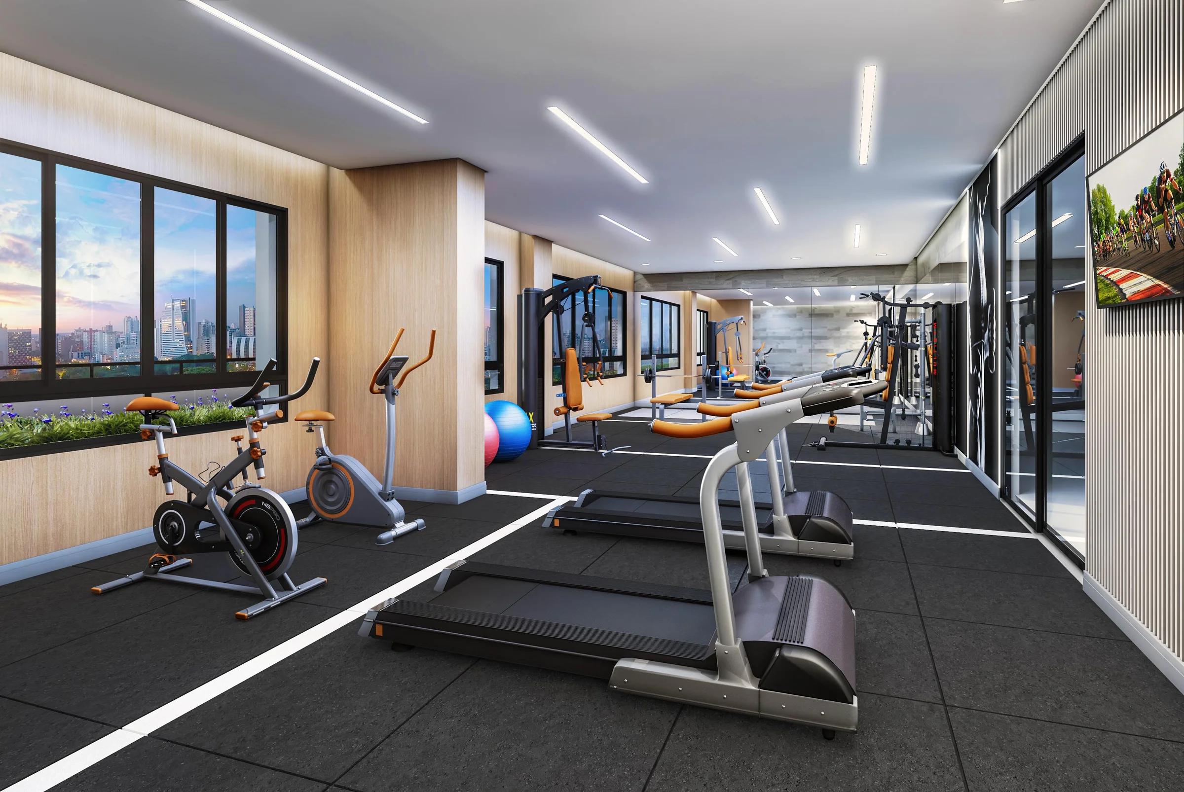 Perspectiva da academia com equipamentos de ginástica