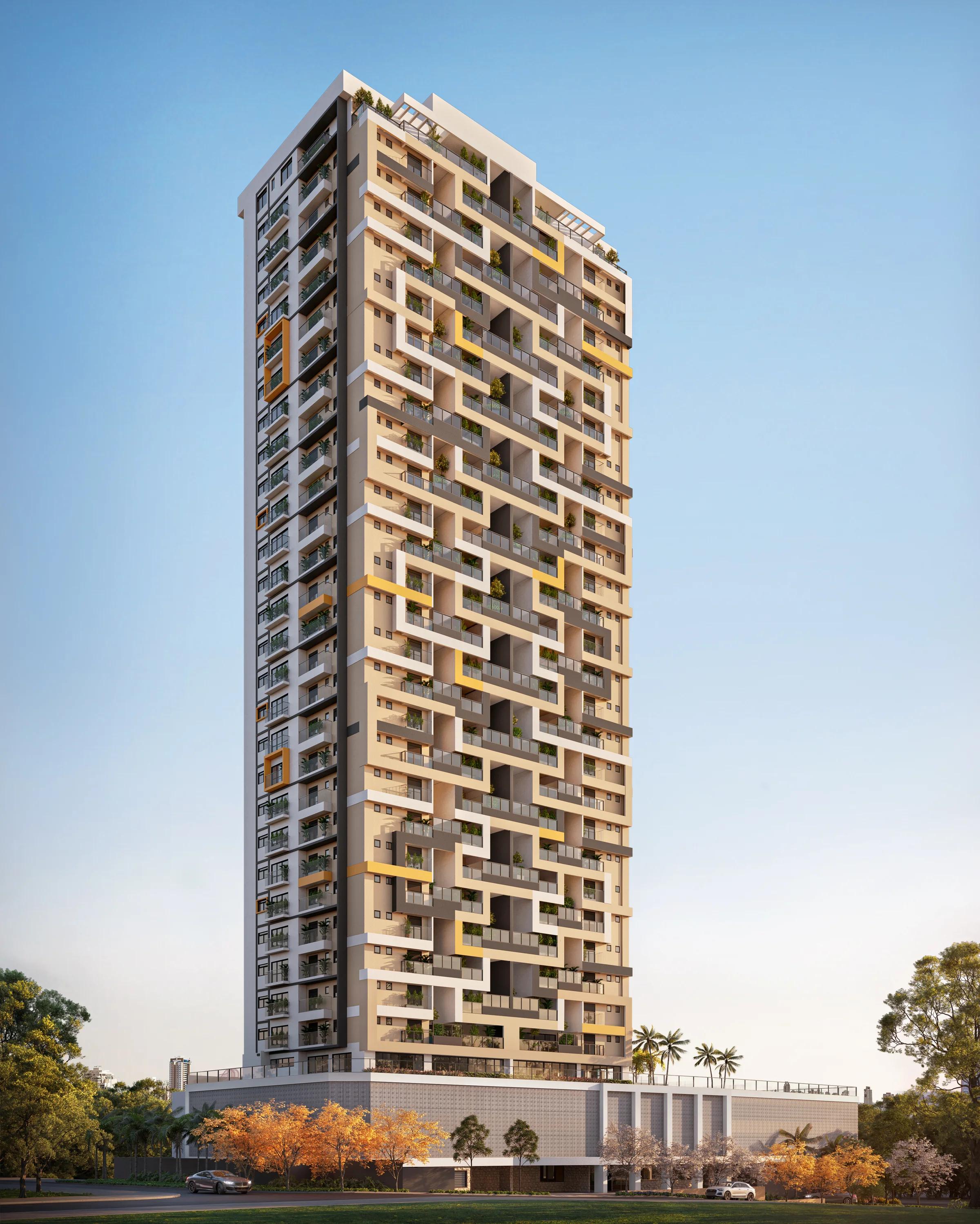 Fachada completa da torre residencial em formato vertical com arquitetura contemporânea sob luz diurna