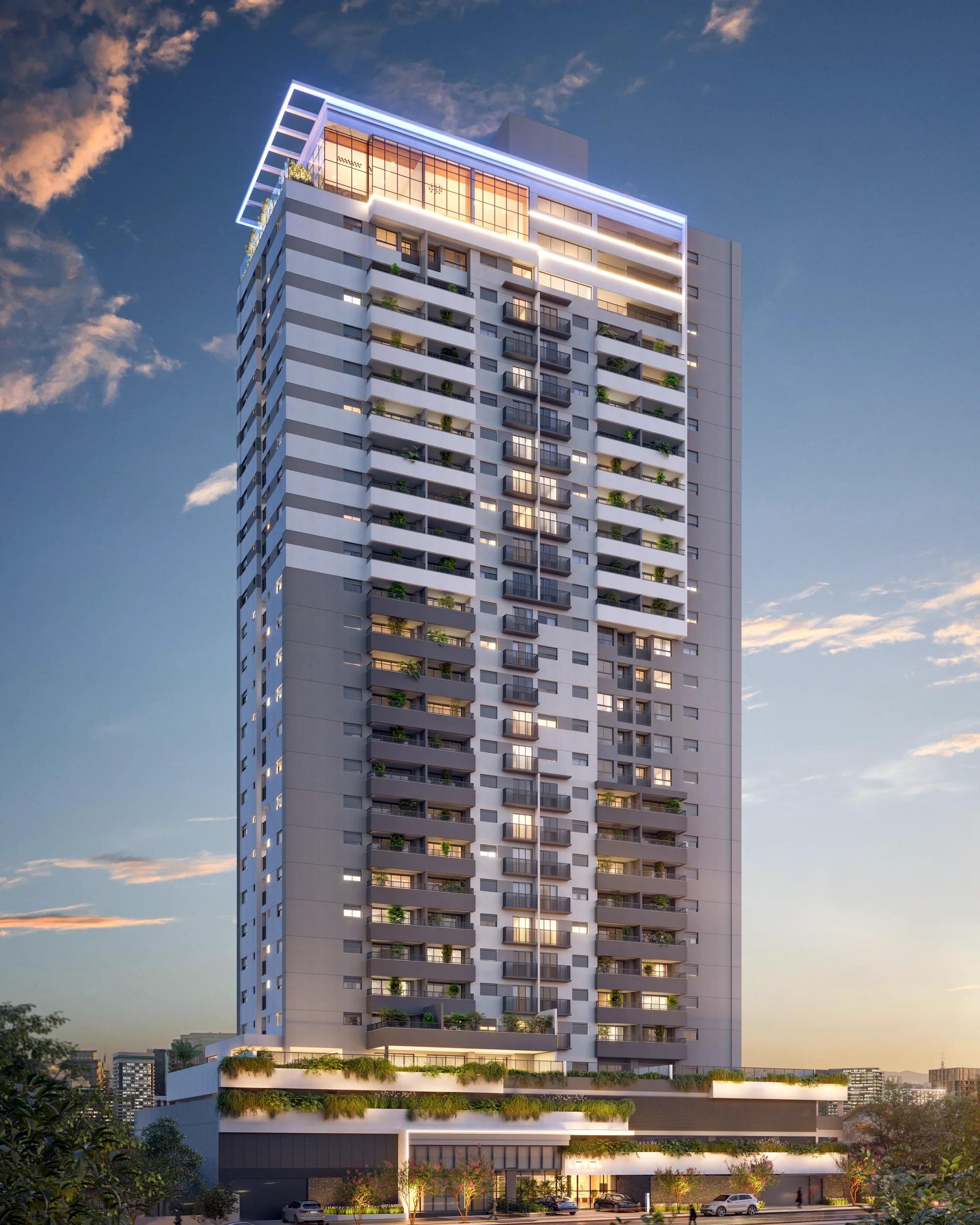 Perspectiva vertical da fachada completa da torre residencial ao entardecer
