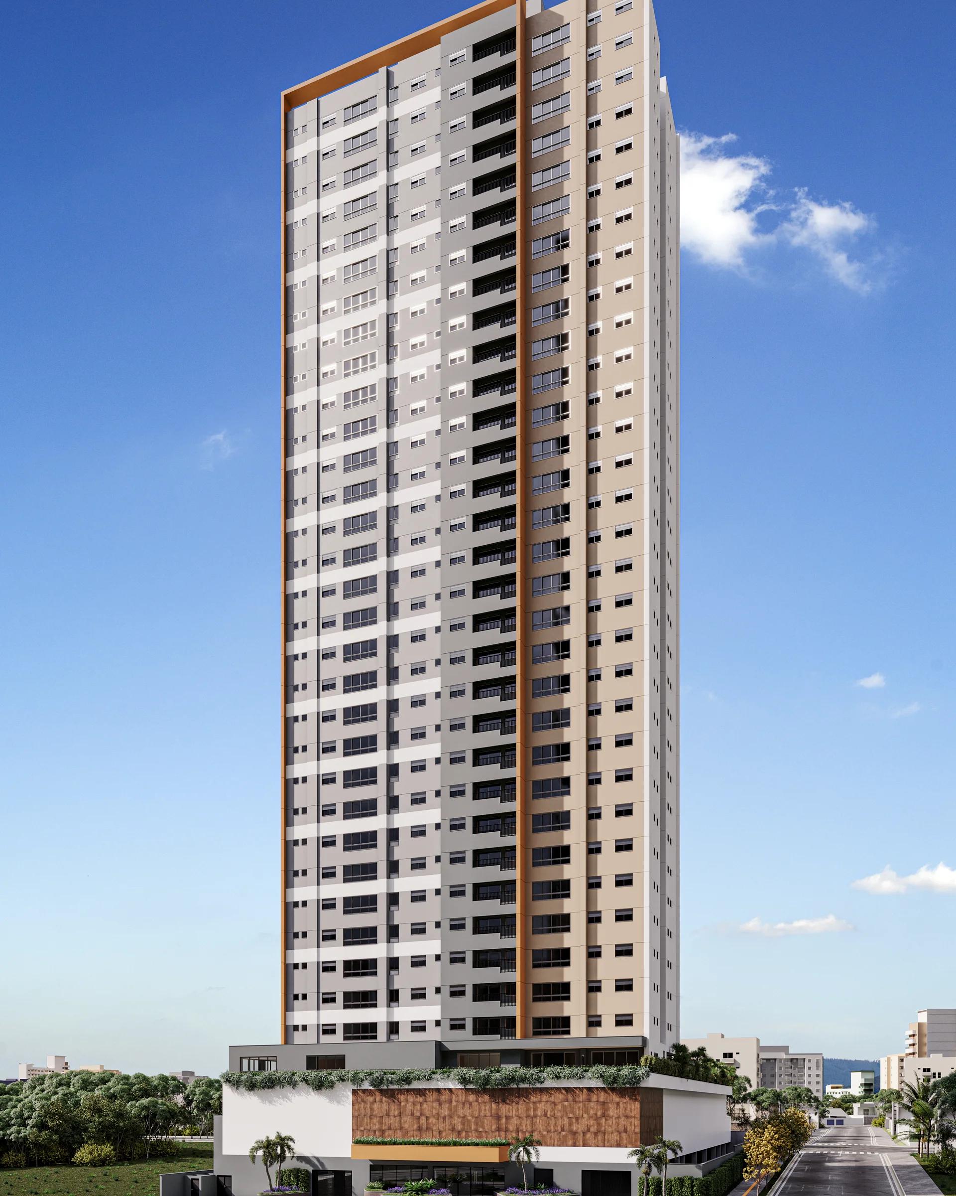 Fachada do edifício residencial em perspectiva diurna com céu azul e vista da rua