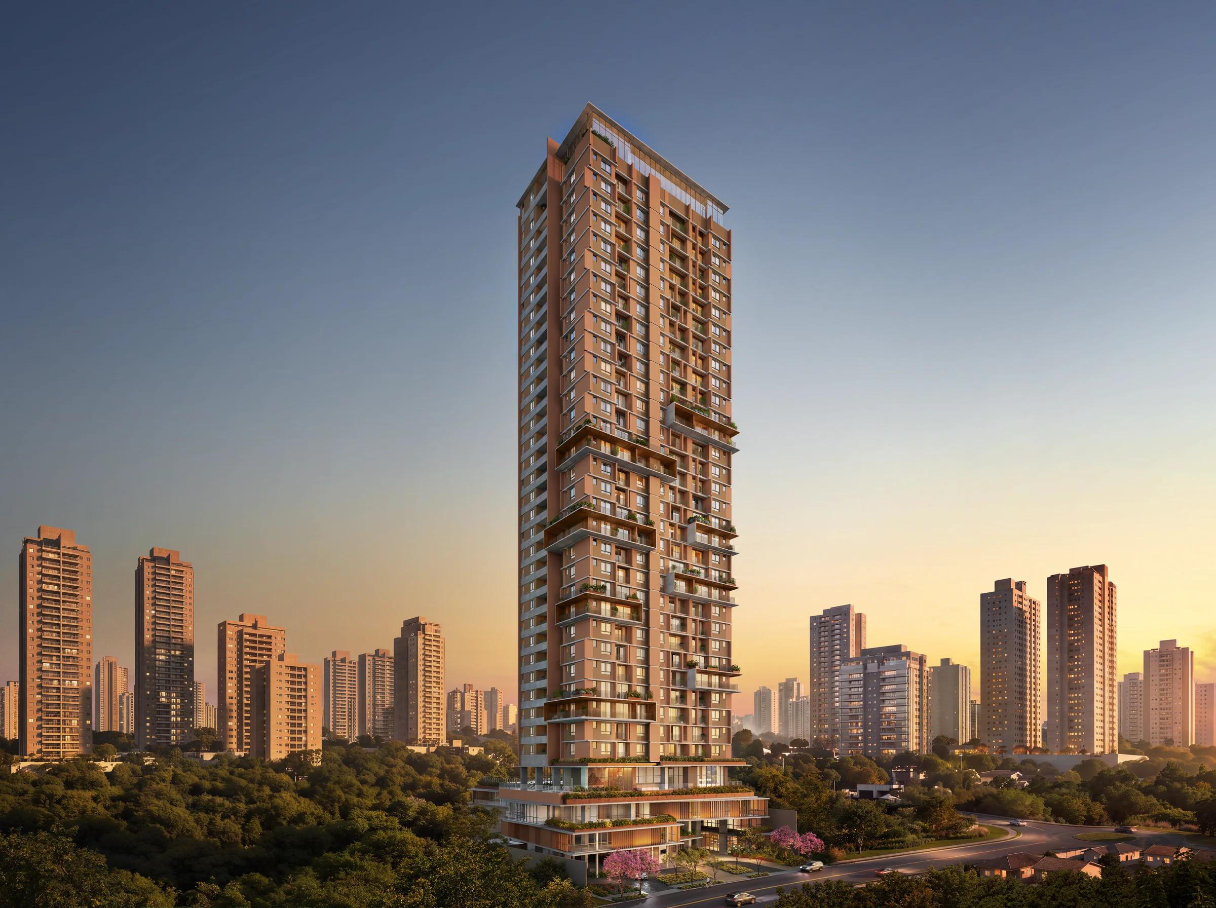 Torre residencial completa vista ao entardecer, cercada pela paisagem urbana.