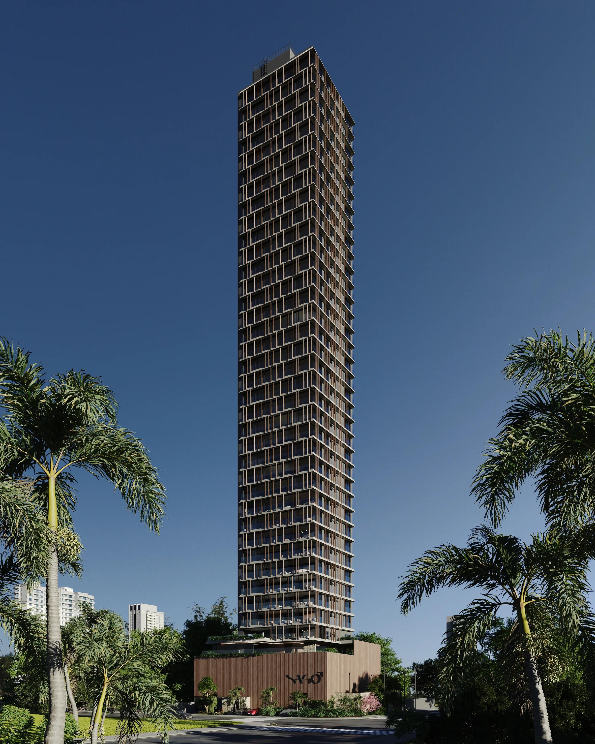 Fachada completa da torre residencial em perspectiva vertical diurna