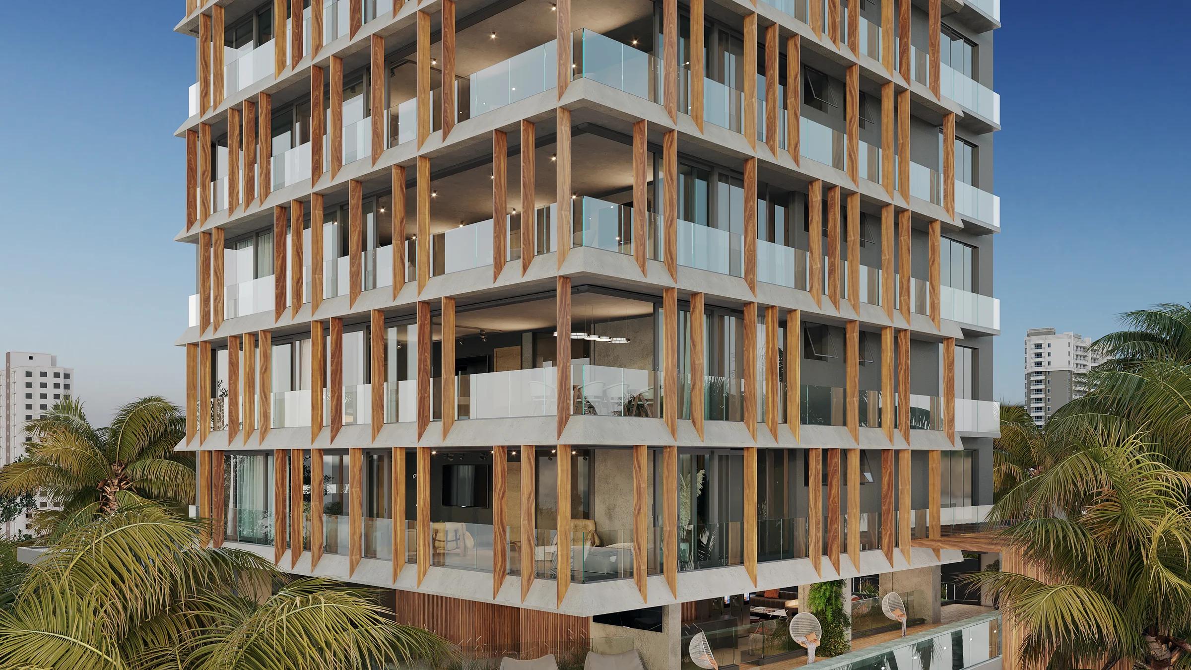 Detalhe da fachada com brises verticais de madeira e varandas envidraçadas