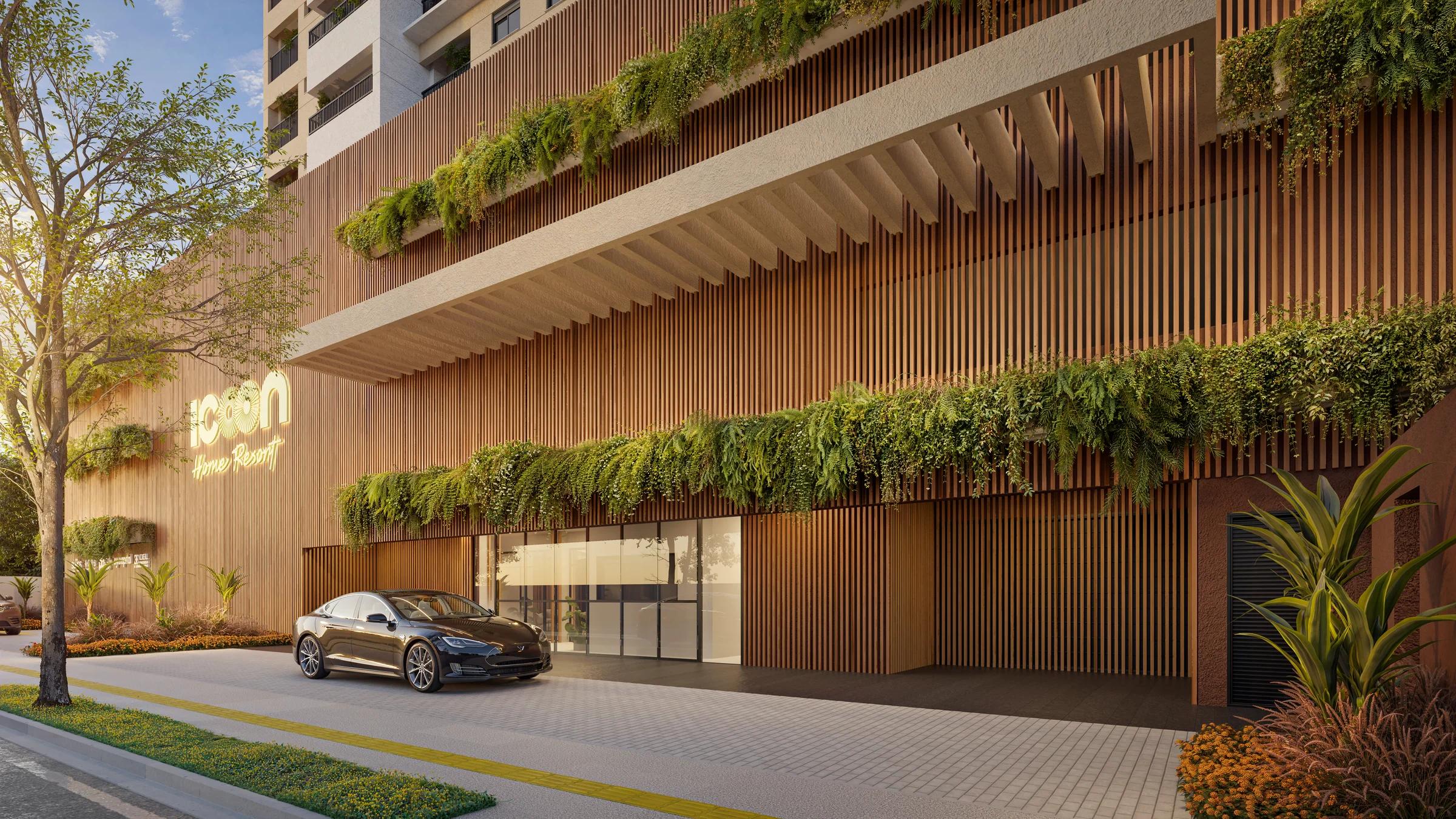 Portaria e acesso residencial com fachada em painéis ripados e vegetação