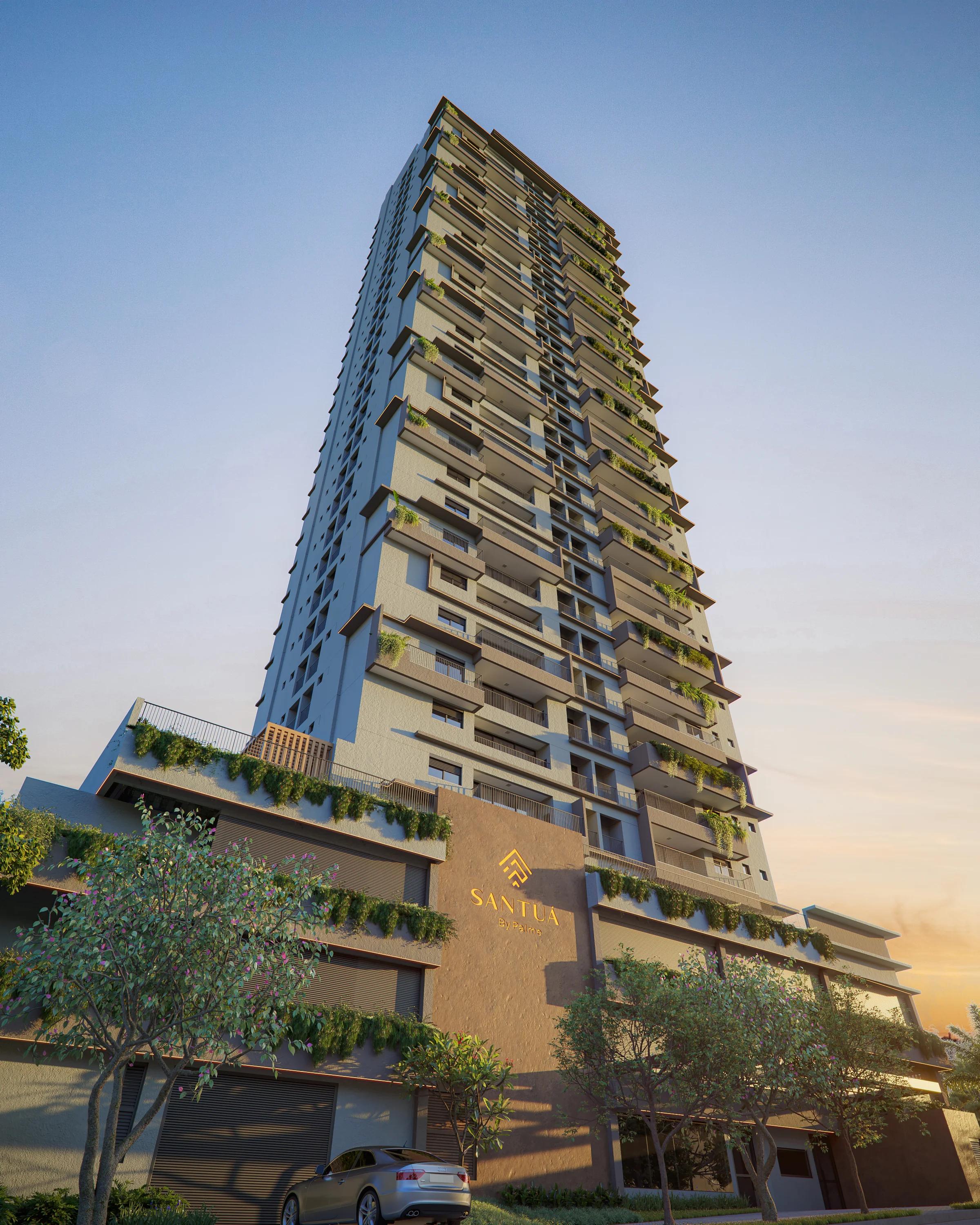 Perspectiva vertical completa da fachada da torre residencial