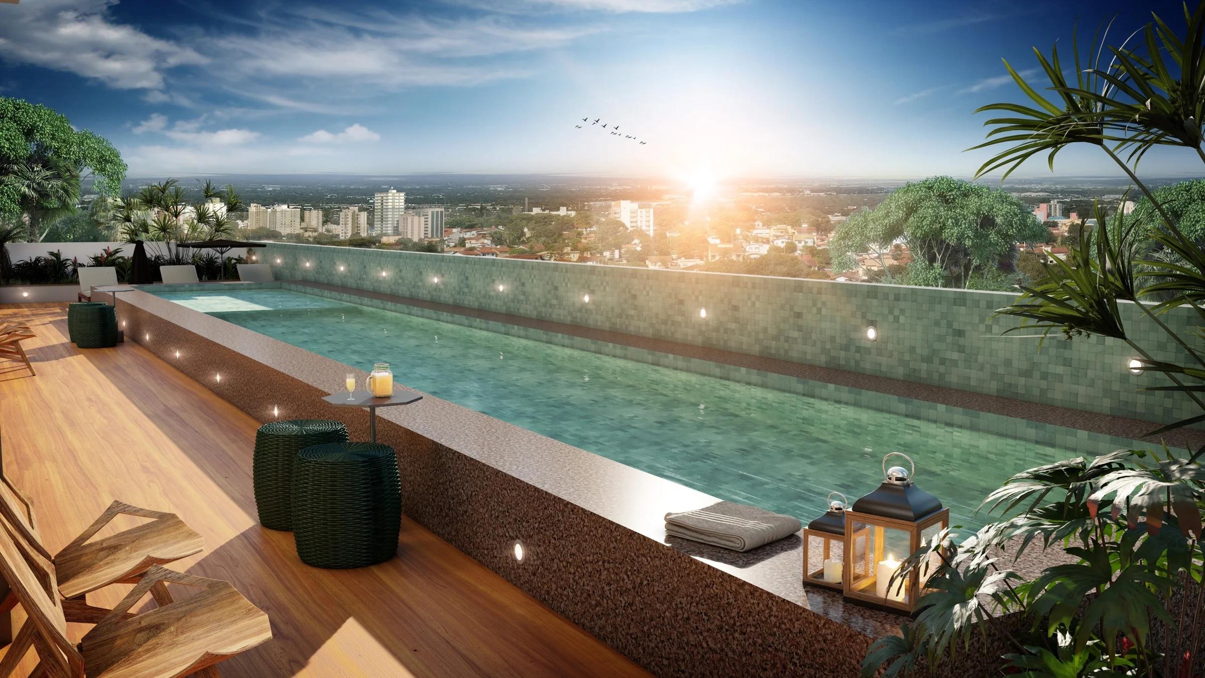 Piscina no rooftop do Cult Oxford ao pôr do sol