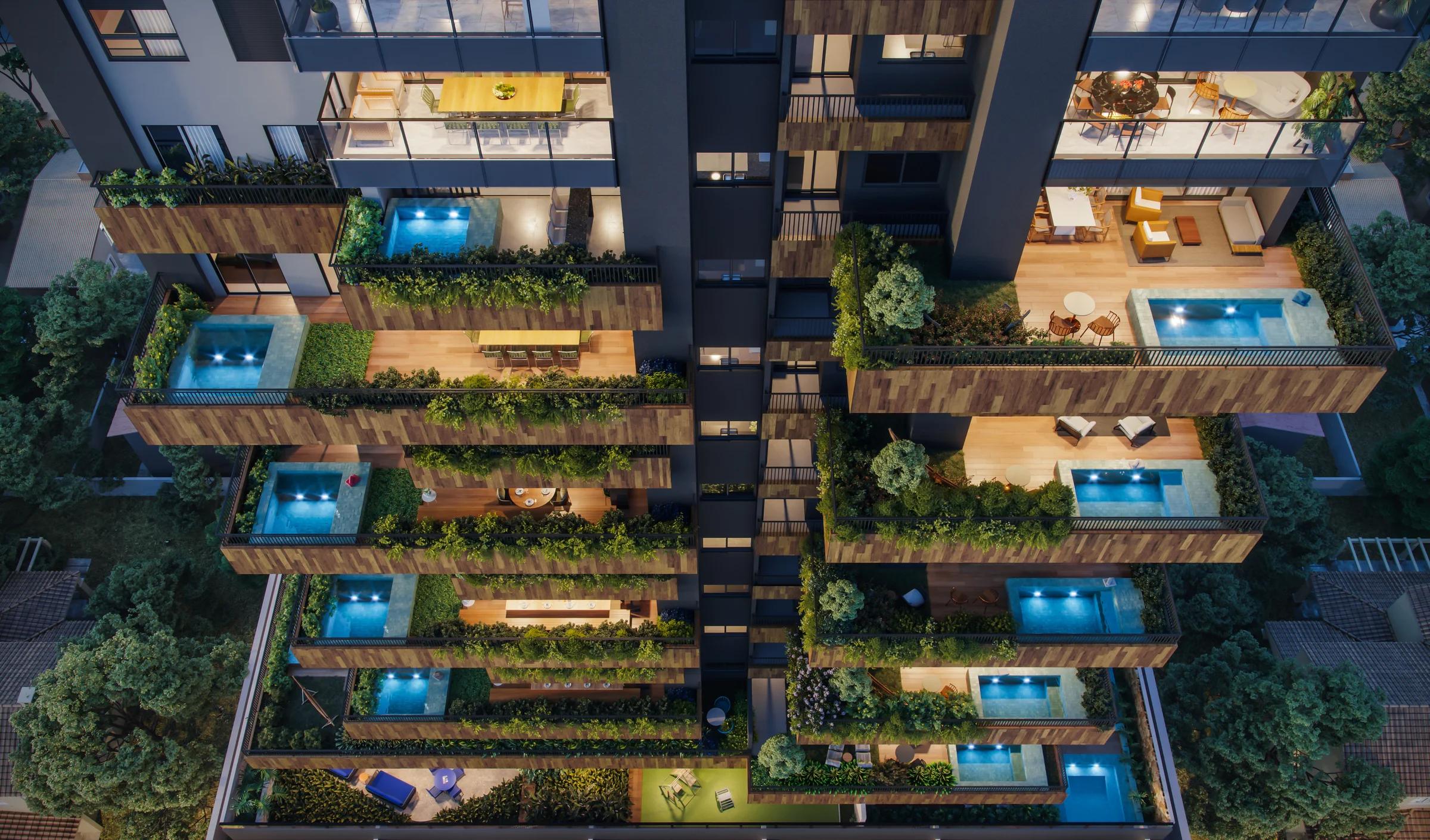 Vista superior escalonada dos terraços verdes e piscinas privativas