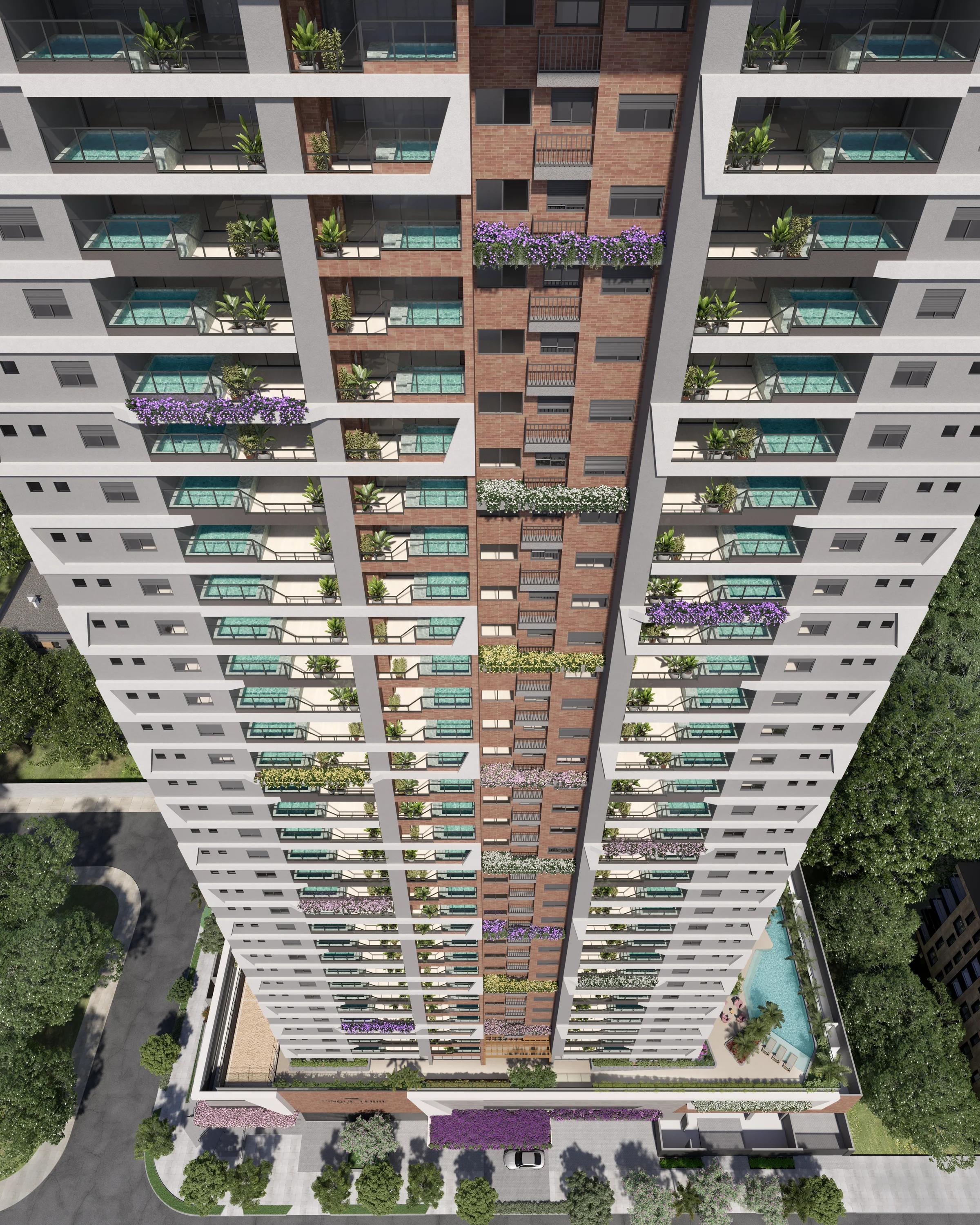 Vista aérea frontal em perspectiva destacando as varandas e piscinas privativas do edifício