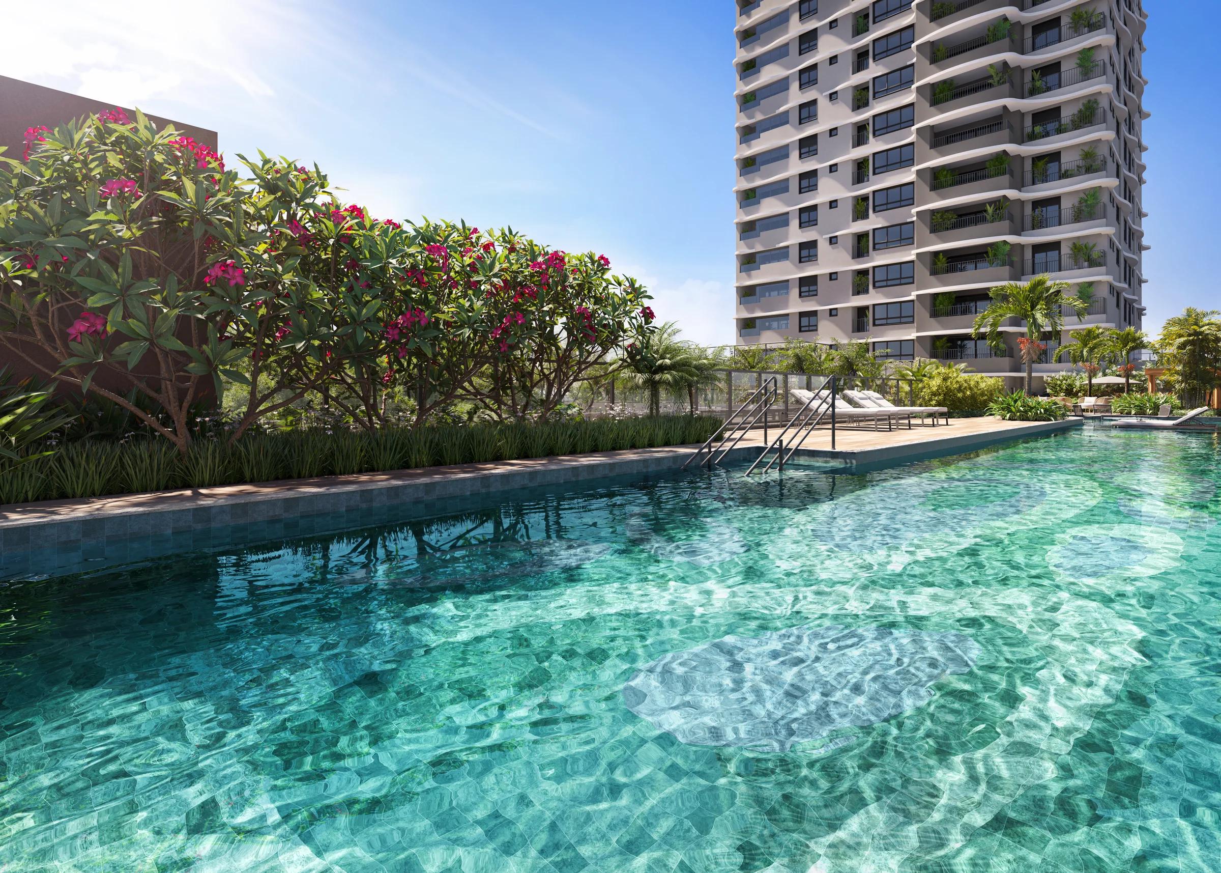Piscina adulto e infantil com solário, espreguiçadeiras e jardim lateral
