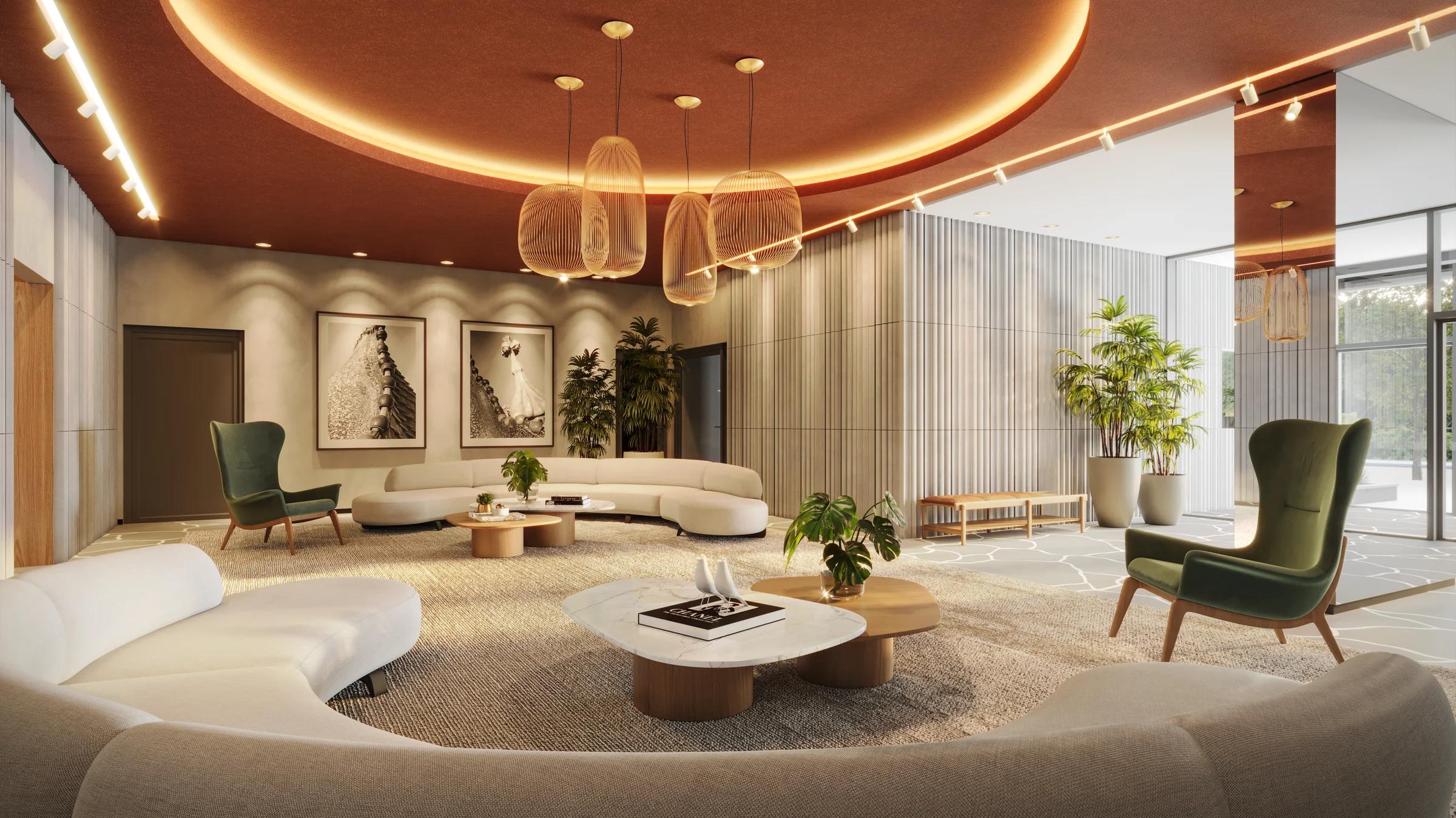 Lobby de entrada com lounge decorado, poltronas de design e iluminação decorativa