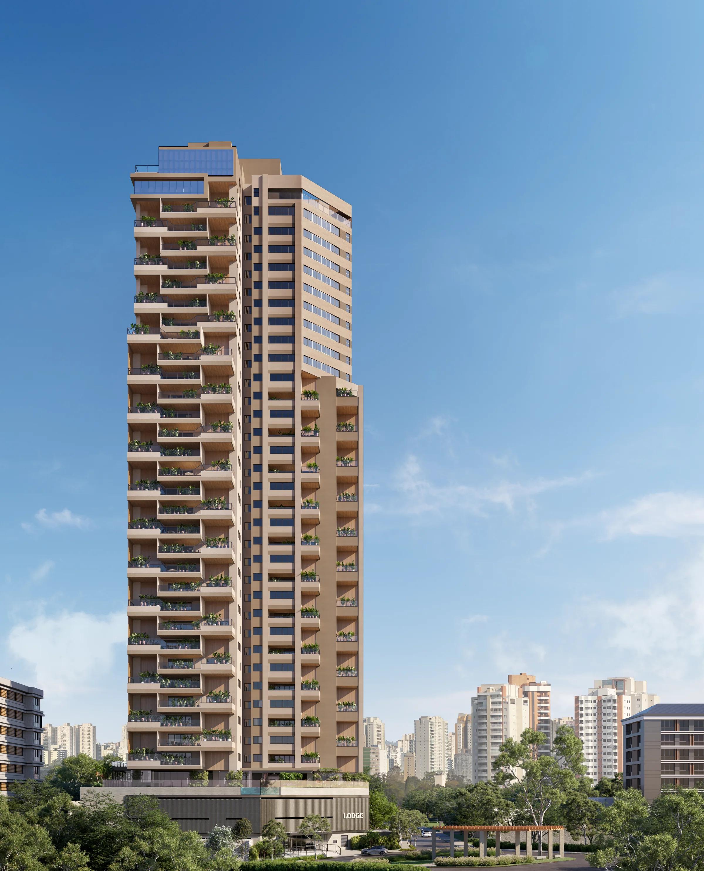 Perspectiva da fachada inteira do edifício em dia ensolarado
