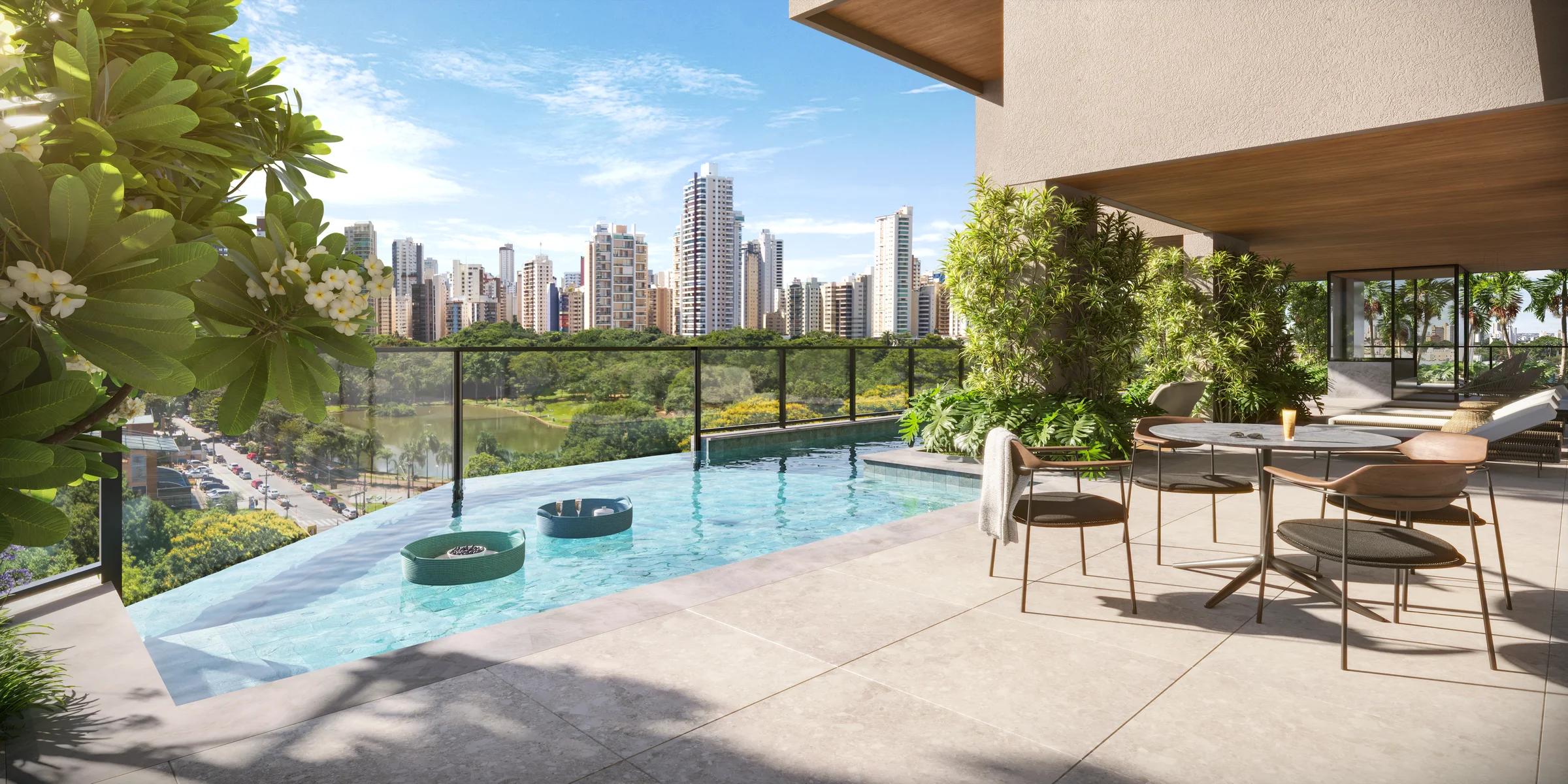 Área da piscina com borda de vidro e vista panorâmica para o parque