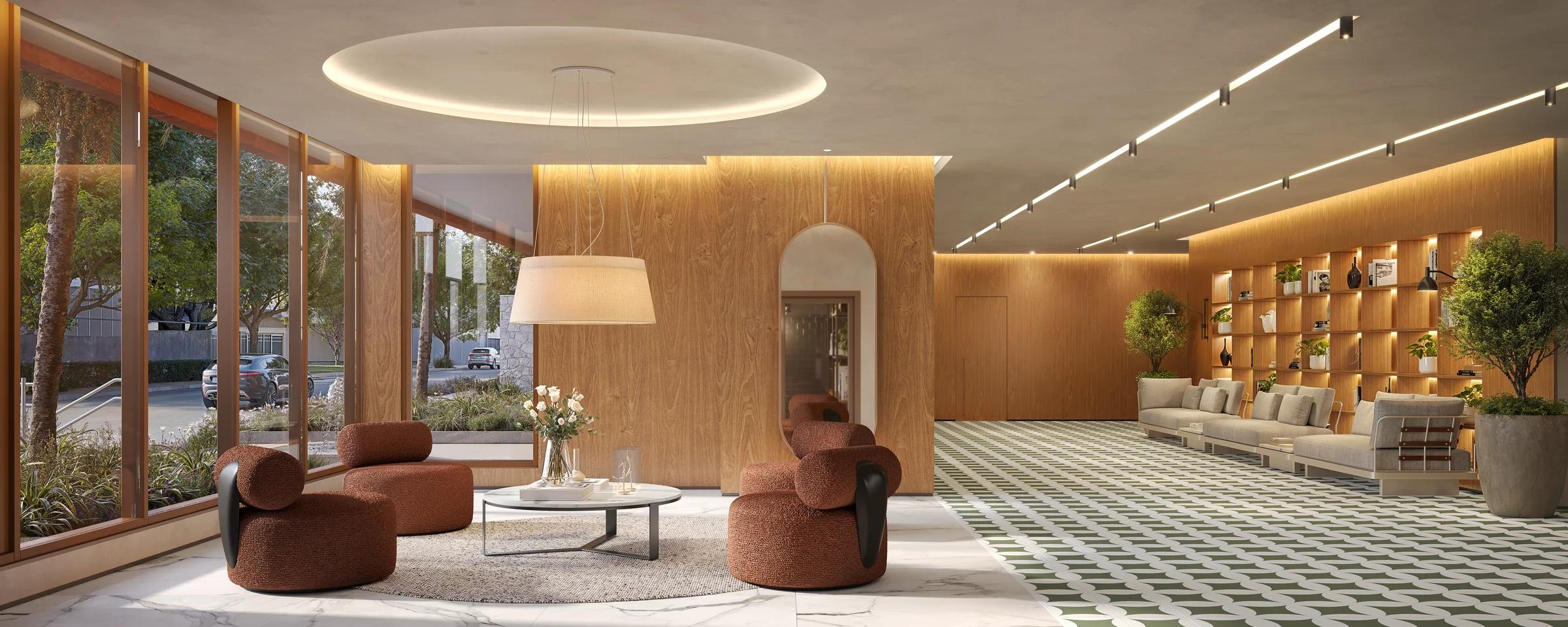 Lobby de entrada com pé-direito alto, painéis de madeira, estante decorativa iluminada e lounge com poltronas